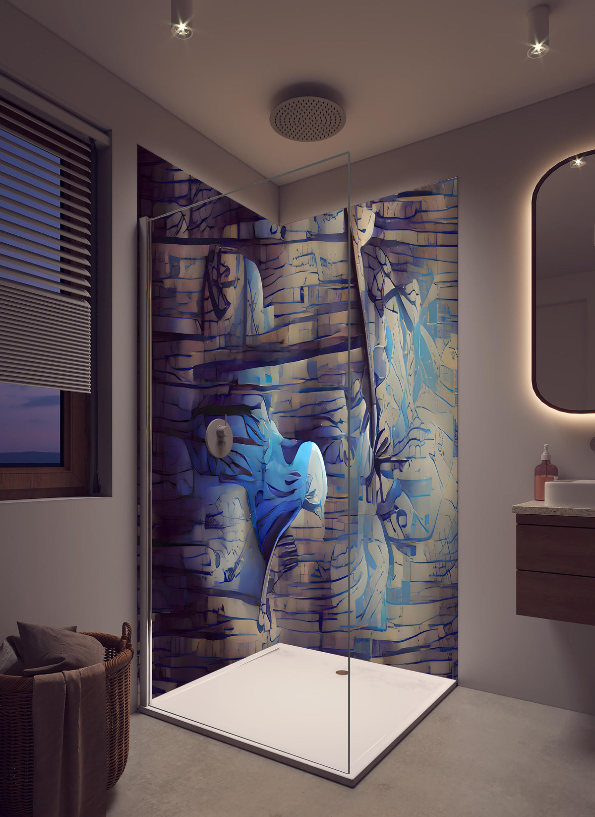 Duschrückwand - Abstrakte blaue Holztextur in hellem Badezimmer mit Regenduschkopf - zweiteilige Eck-Duschrückwand