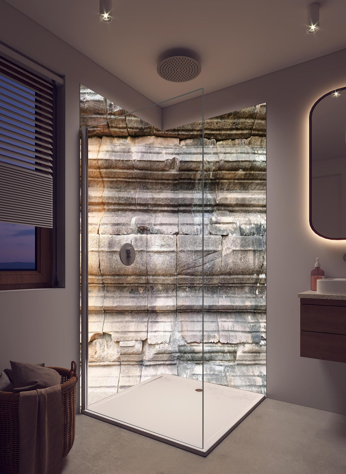 Duschrückwand - Alter Steinziegel - Grunge in hellem Badezimmer mit Regenduschkopf - zweiteilige Eck-Duschrückwand
