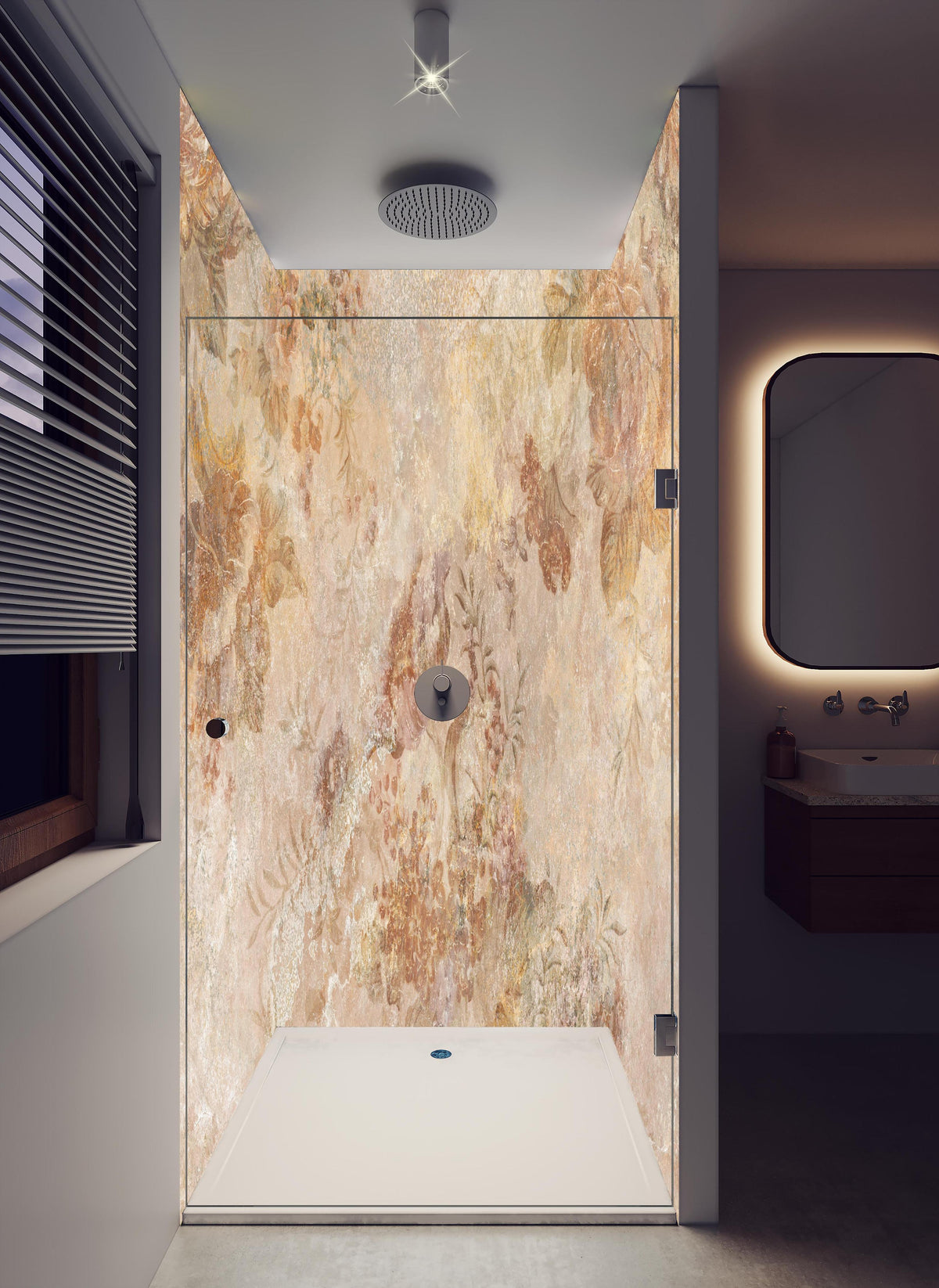 Duschrückwand - Antikes Blumen Design in hellem Badezimmer mit Regenduschkopf - zweiteilige Eck-Duschrückwand