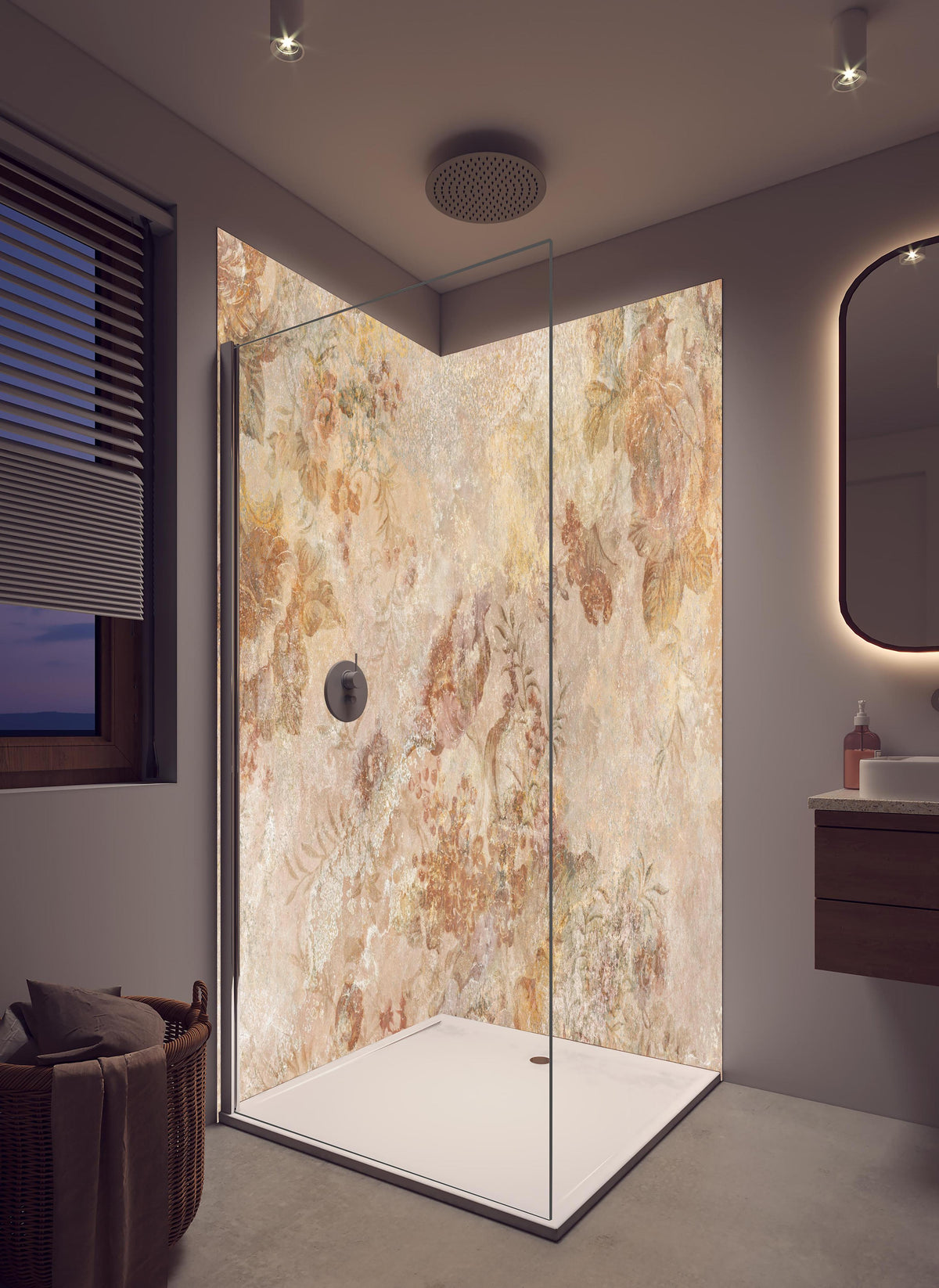 Duschrückwand - Antikes Blumen Design in hellem Badezimmer mit Regenduschkopf - zweiteilige Eck-Duschrückwand