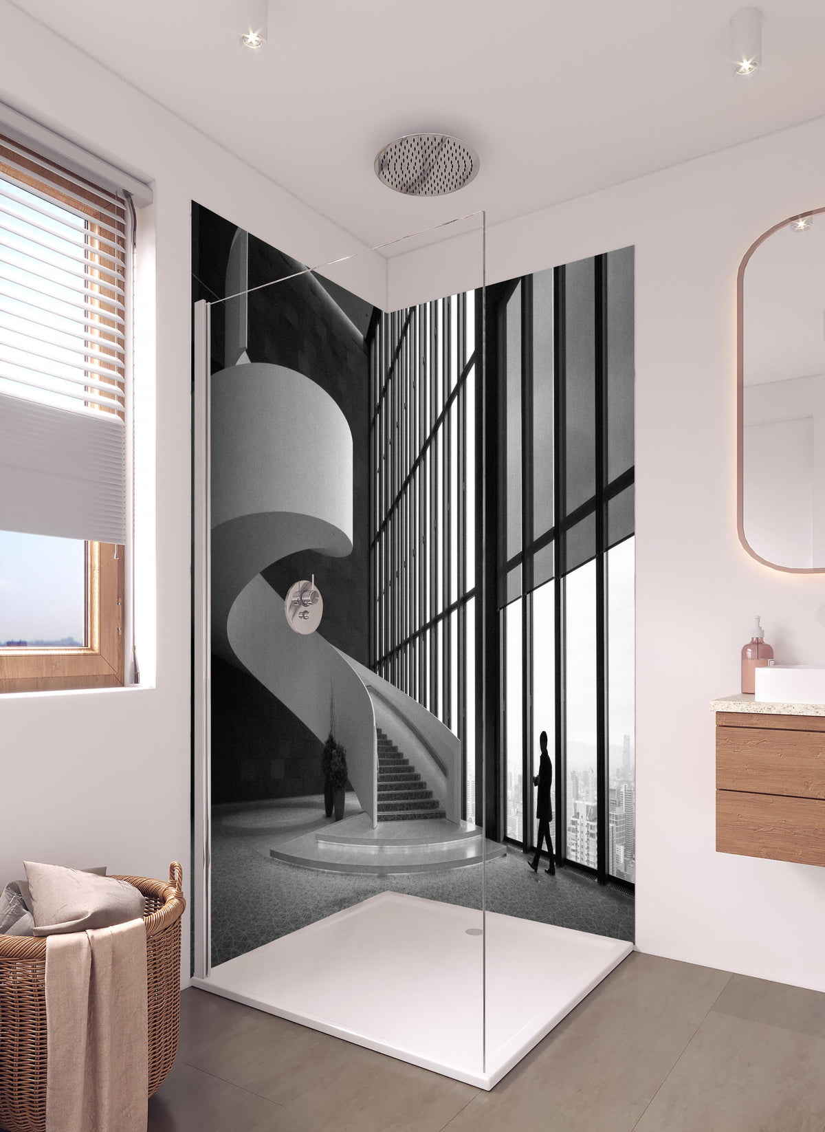 Duschrückwand - Conrad Osaka in hellem Badezimmer mit Regenduschkopf - zweiteilige Eck-Duschrückwand