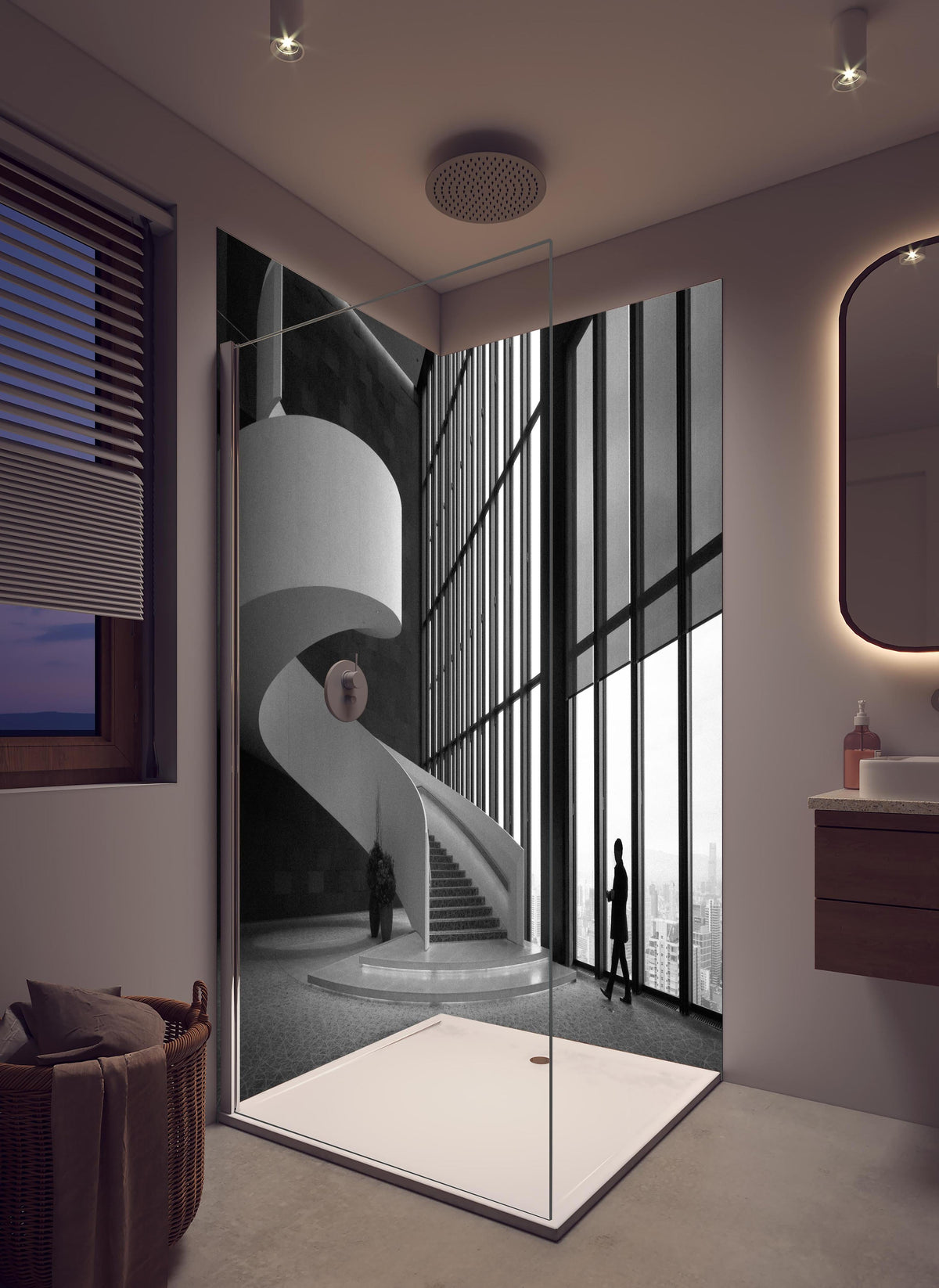 Duschrückwand - Conrad Osaka in hellem Badezimmer mit Regenduschkopf - zweiteilige Eck-Duschrückwand