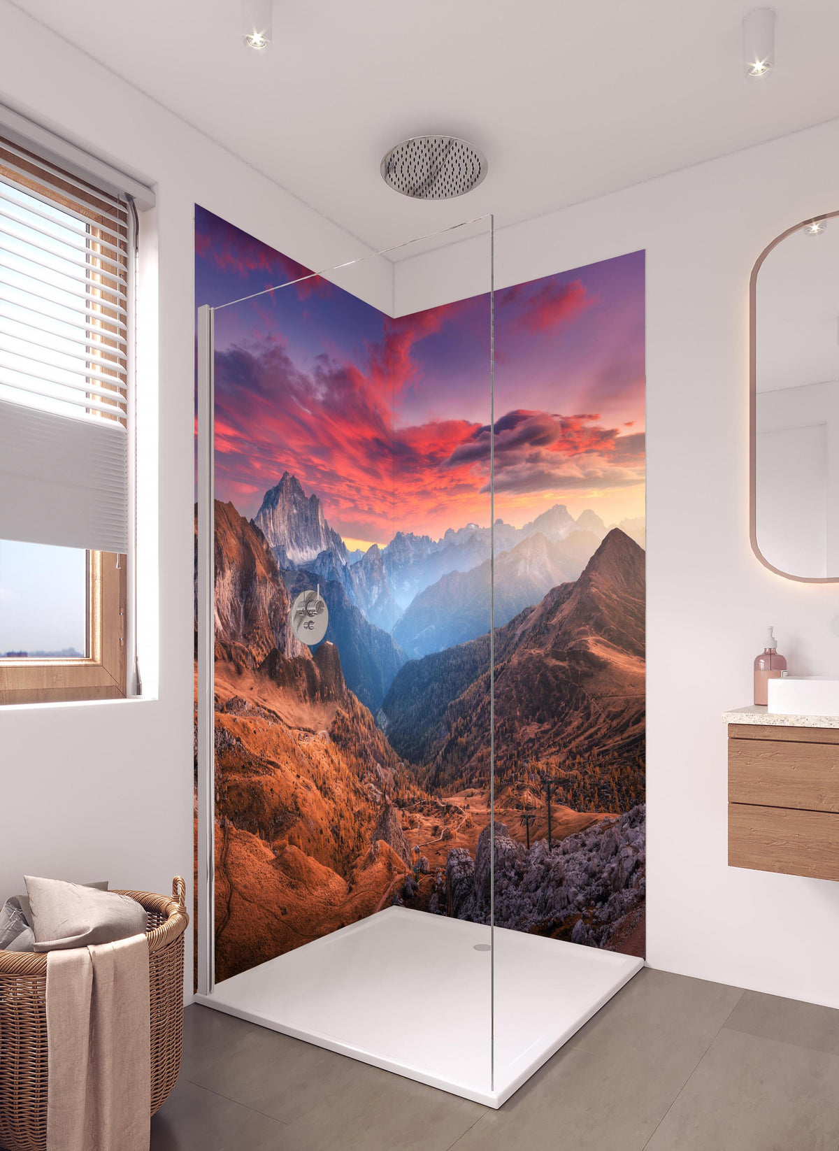 Duschrückwand - Bunt roter Himmel in hellem Badezimmer mit Regenduschkopf - zweiteilige Eck-Duschrückwand