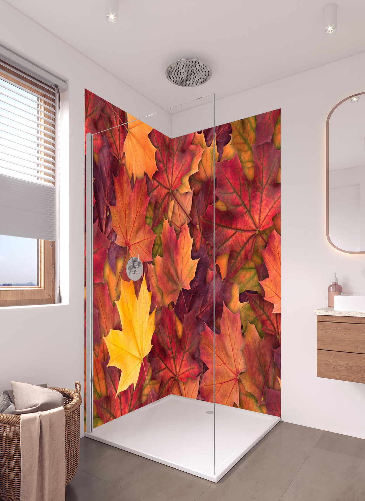 Duschrückwand - Bunte Herbst Ahornbaum Blätter in hellem Badezimmer mit Regenduschkopf - zweiteilige Eck-Duschrückwand