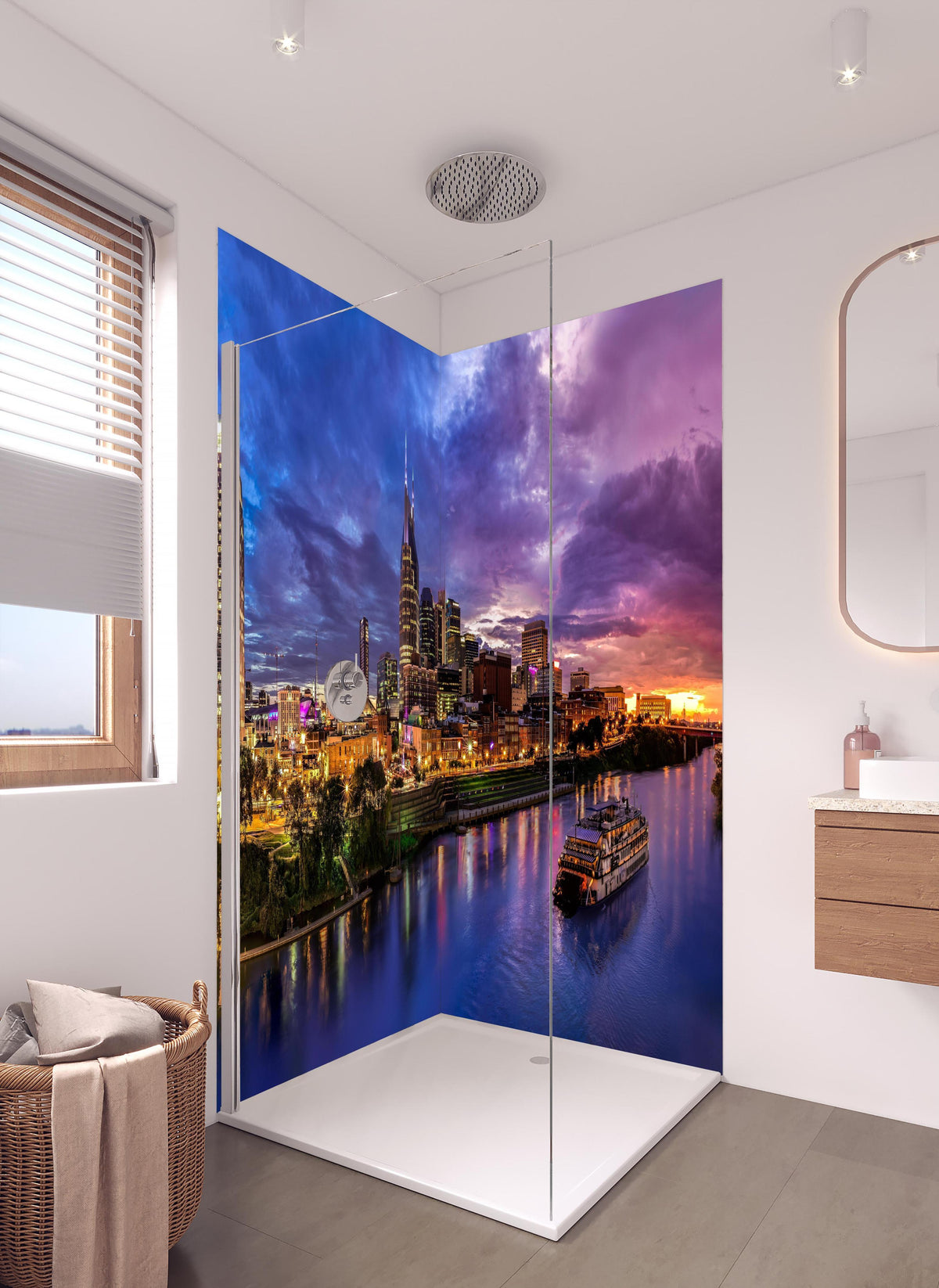Duschrückwand - Bunte Skyline von Nashville in hellem Badezimmer mit Regenduschkopf - zweiteilige Eck-Duschrückwand