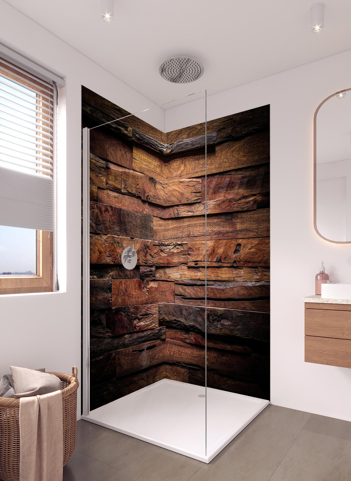 Duschrückwand - Dunkle Holztextur in hellem Badezimmer mit Regenduschkopf - zweiteilige Eck-Duschrückwand
