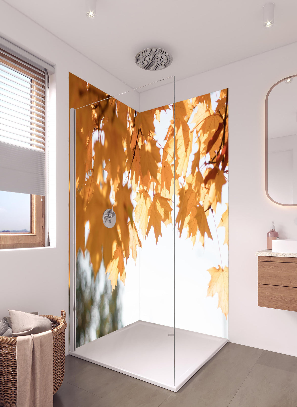 Duschrückwand - Gelben Ahornblättern im Herbst in hellem Badezimmer mit Regenduschkopf - zweiteilige Eck-Duschrückwand