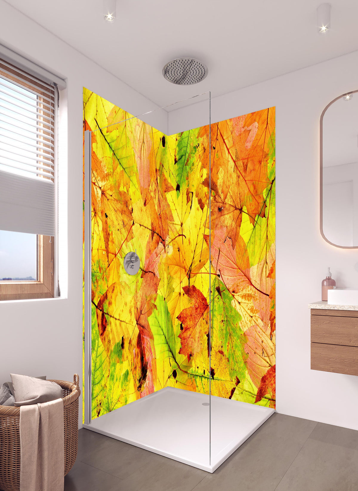 Duschrückwand - Herbstblätter Hintergrund in hellem Badezimmer mit Regenduschkopf - zweiteilige Eck-Duschrückwand