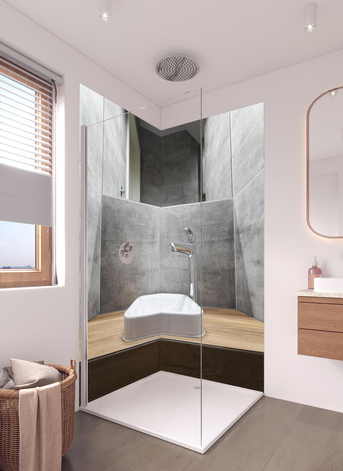 Duschrückwand - Interieur eines modernen Badezimmers in hellem Badezimmer mit Regenduschkopf - zweiteilige Eck-Duschrückwand