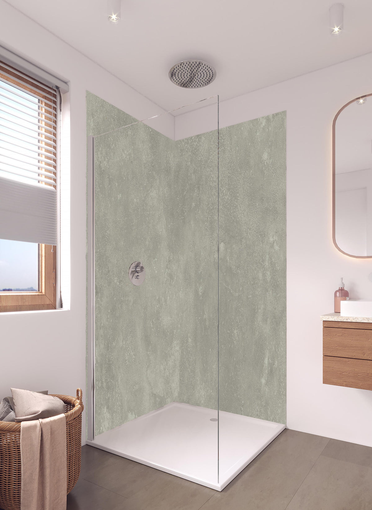Duschrückwand - Keramik Urban Grey in hellem Badezimmer mit Regenduschkopf - zweiteilige Eck-Duschrückwand