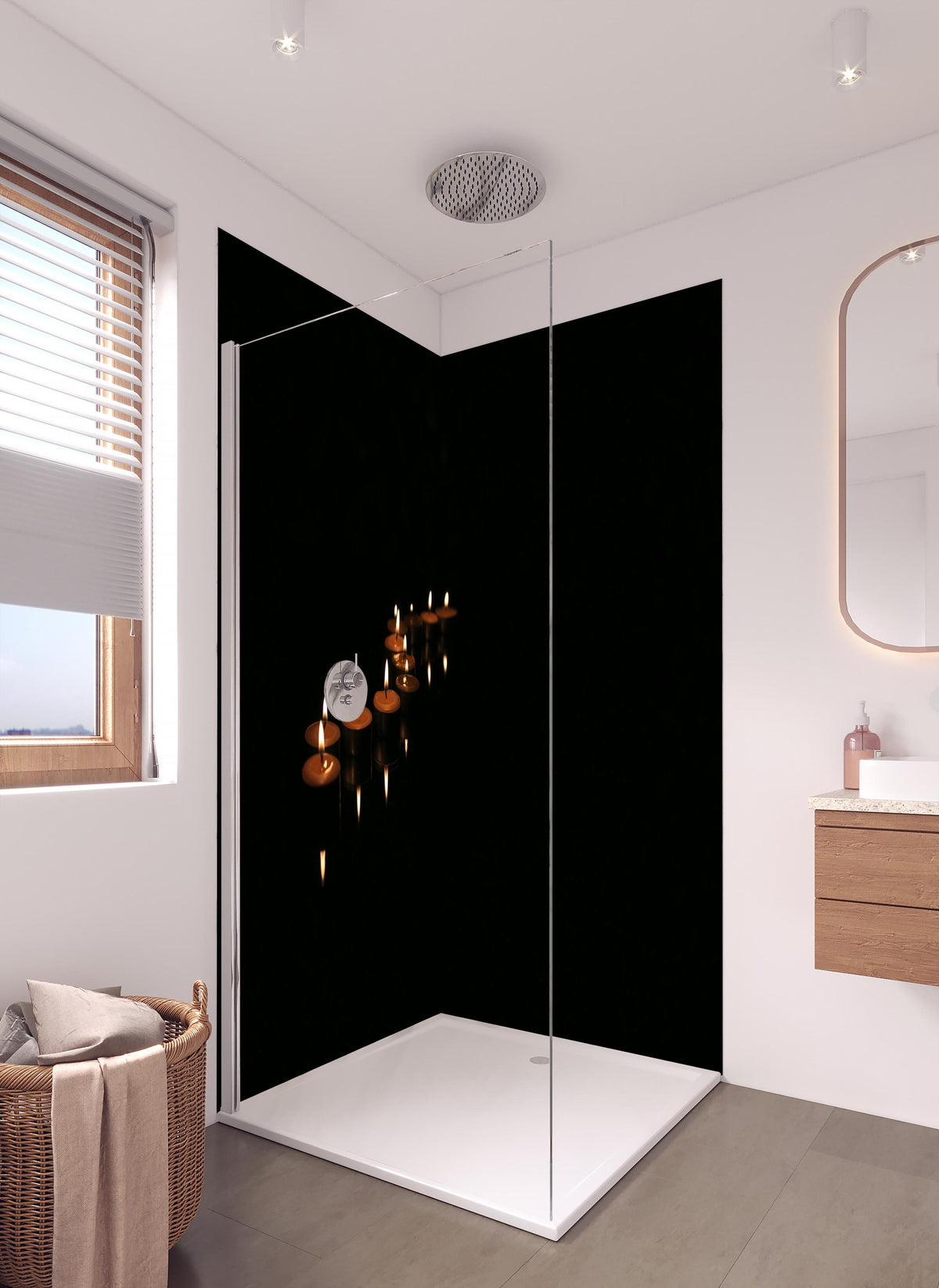 Duschrückwand - Kerzen - Gedenkstätte in hellem Badezimmer mit Regenduschkopf - zweiteilige Eck-Duschrückwand