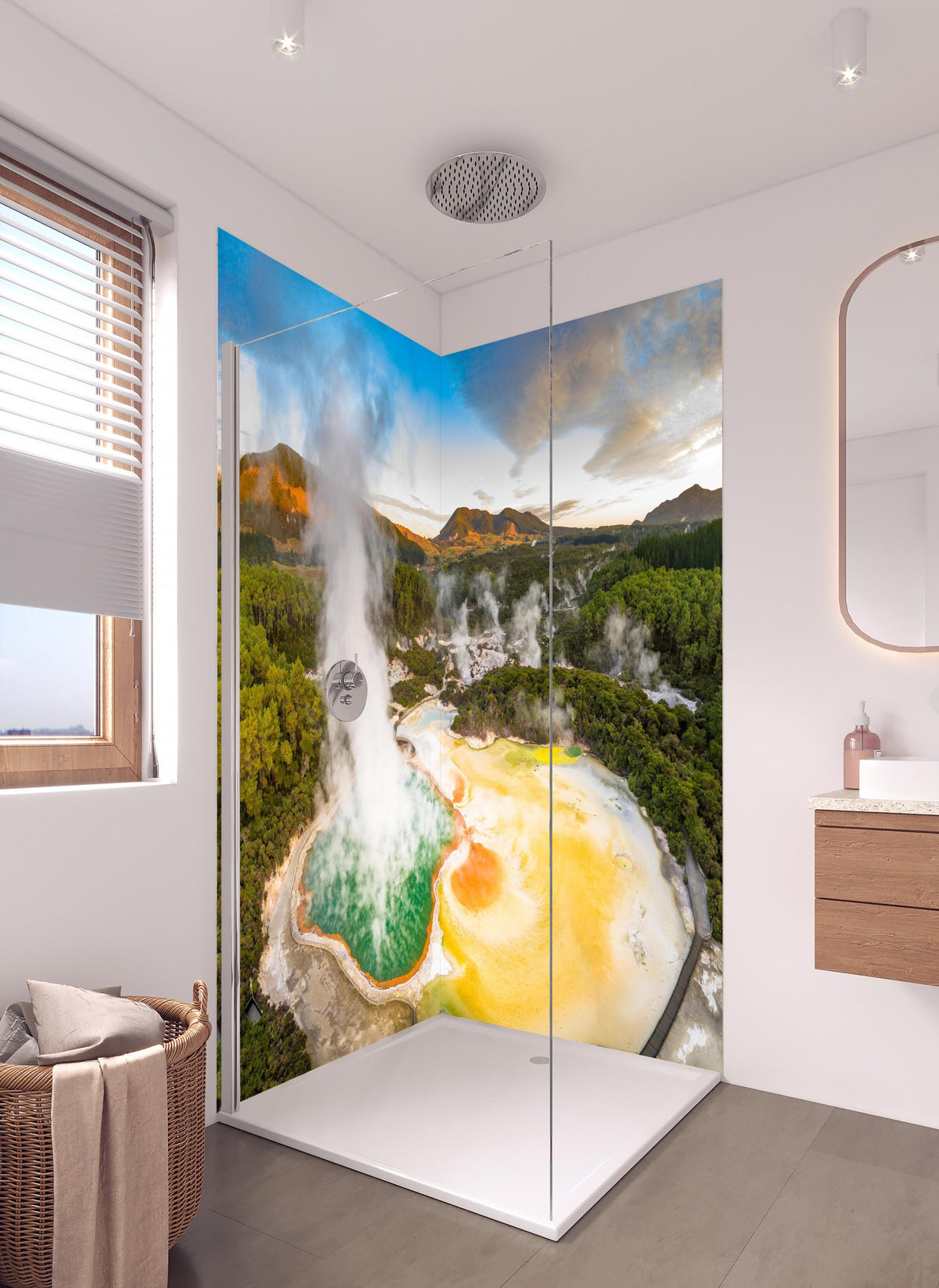 Duschrückwand - Landschaft mit kochend heißem Schlamm in hellem Badezimmer mit Regenduschkopf - zweiteilige Eck-Duschrückwand