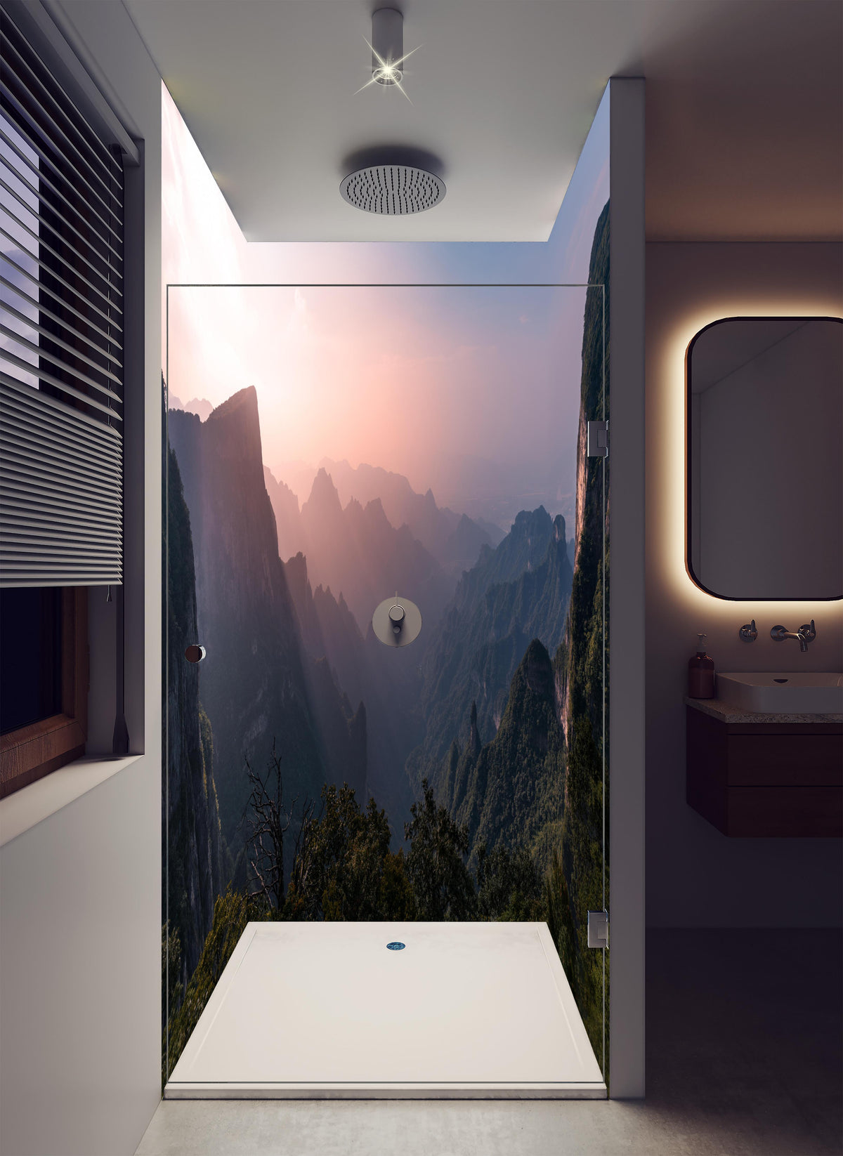 Duschrückwand - Landschaftsblick - Berg Tianmen in luxuriöser Dusche mit Regenduschkopf