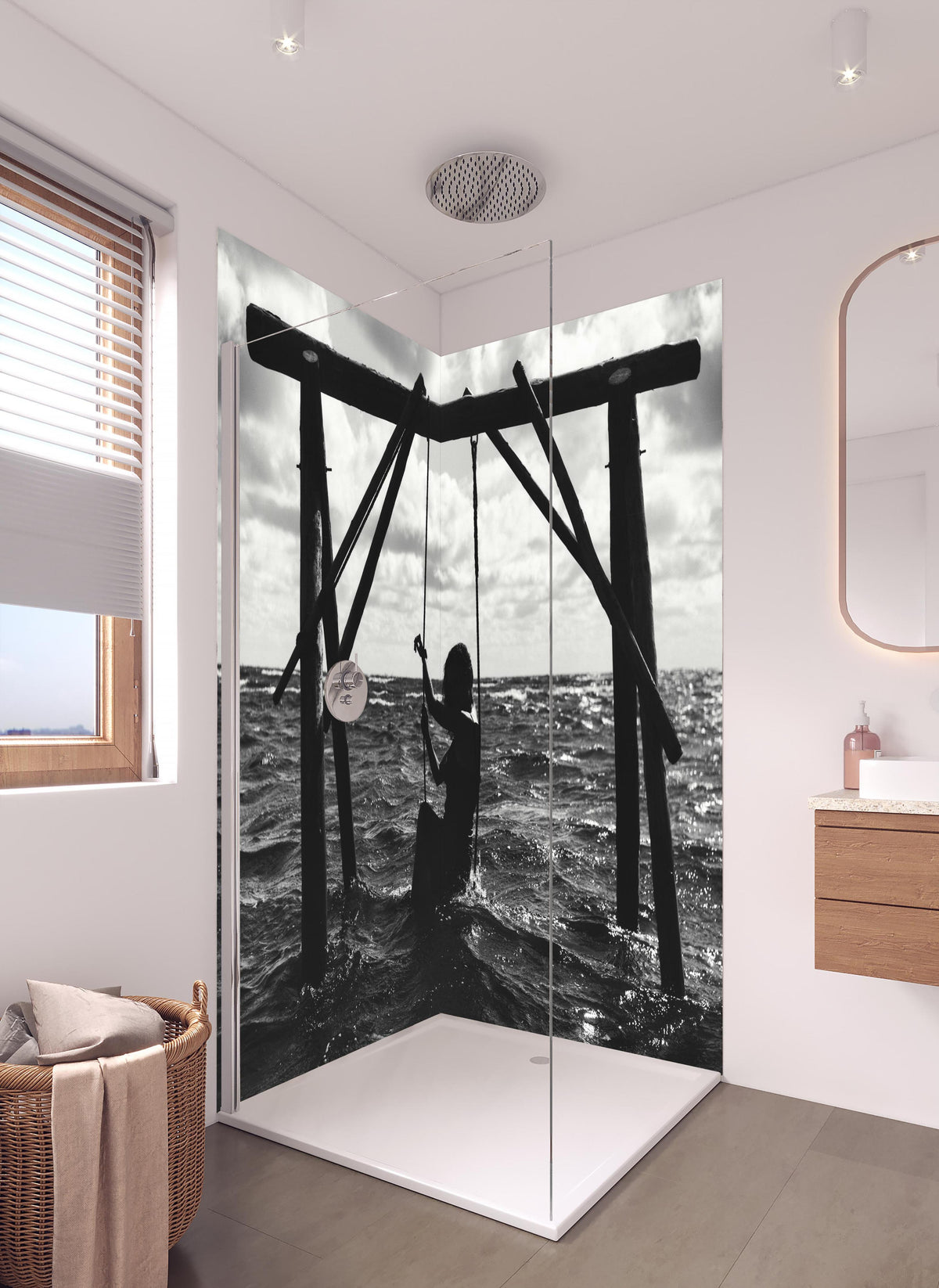 Duschrückwand - Mädchen auf Schaukel im Wasser in hellem Badezimmer mit Regenduschkopf - zweiteilige Eck-Duschrückwand