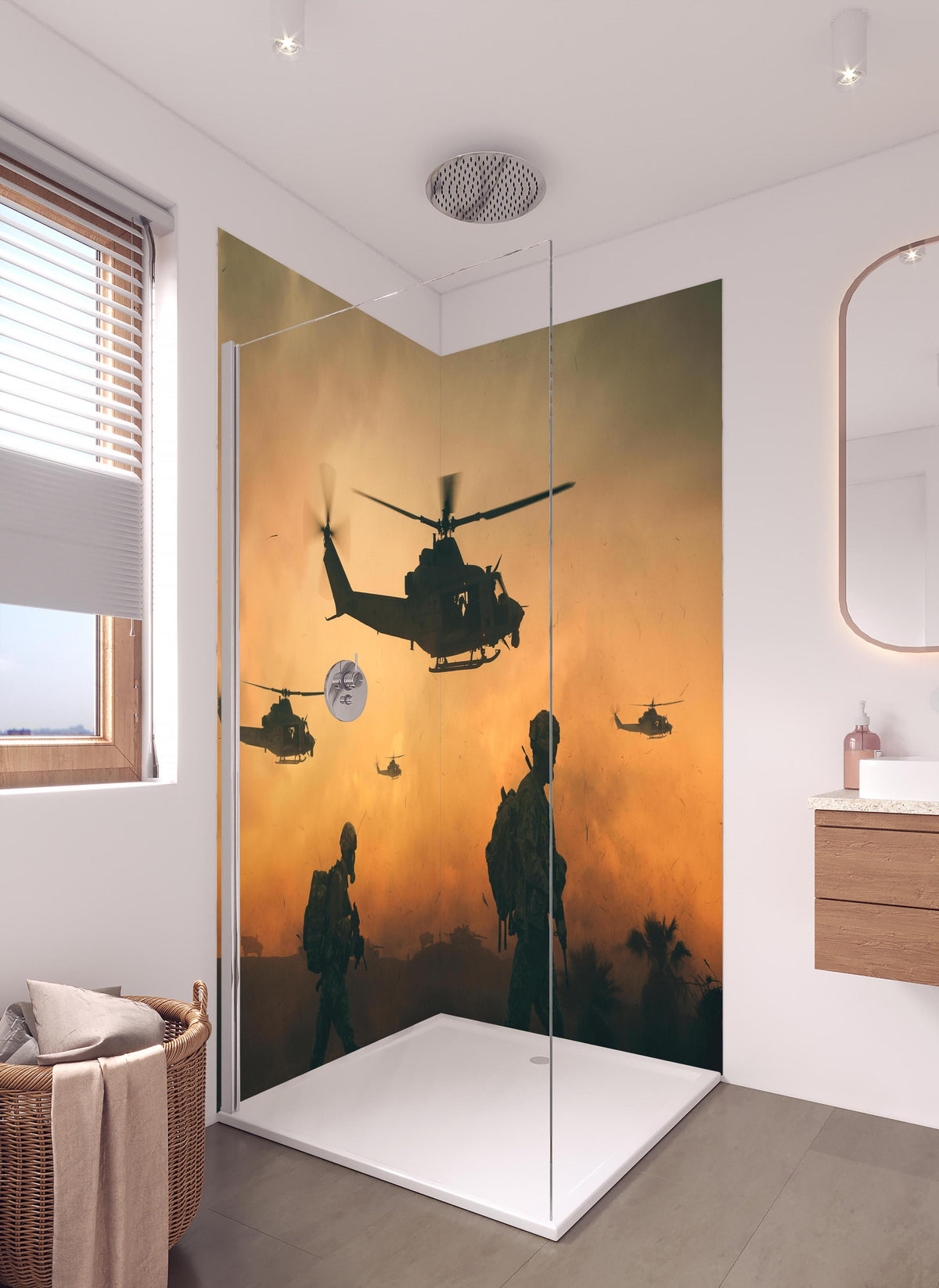 Duschrückwand - Militär und Hubschrauber auf dem Weg zum Schlachtfeld in hellem Badezimmer mit Regenduschkopf - zweiteilige Eck-Duschrückwand