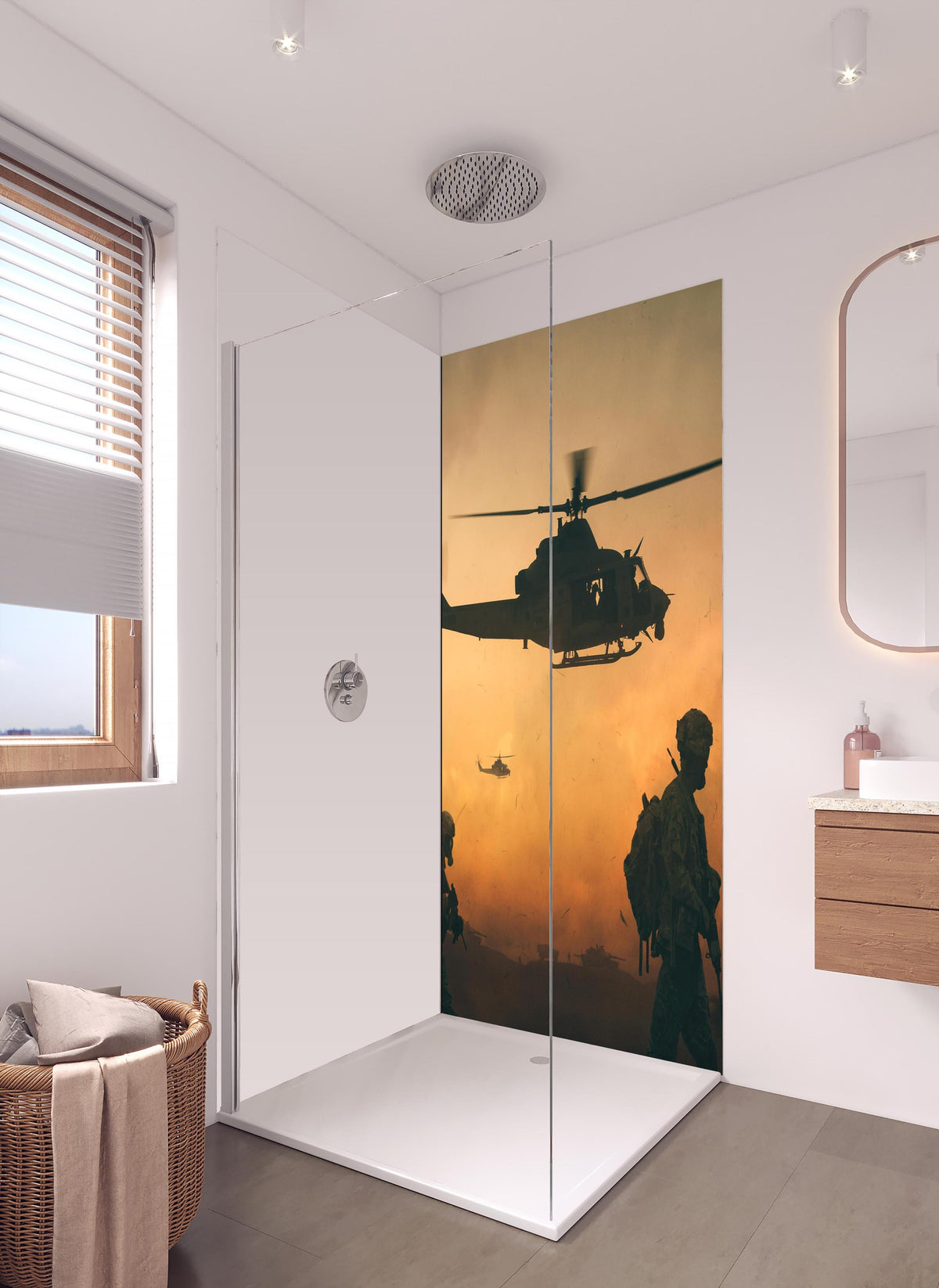 Duschrückwand - Militär und Hubschrauber auf dem Weg zum Schlachtfeld in hellem Badezimmer mit Regenduschkopf - einteilige Duschrückwand