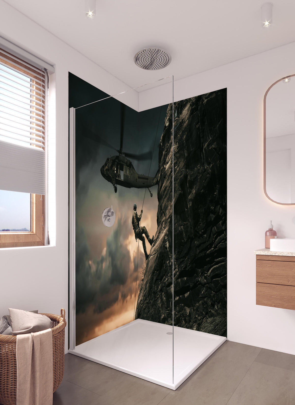 Duschrückwand - Militärhubschrauber und Truppen in hellem Badezimmer mit Regenduschkopf - zweiteilige Eck-Duschrückwand
