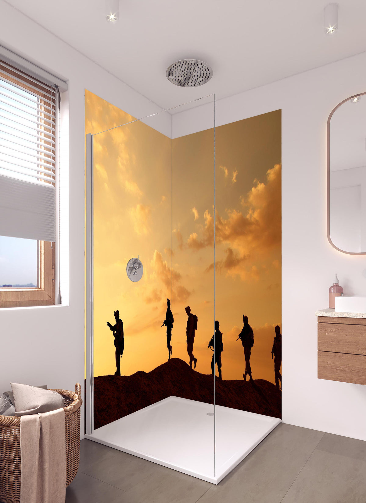Duschrückwand - Militärische Truppen in hellem Badezimmer mit Regenduschkopf - zweiteilige Eck-Duschrückwand