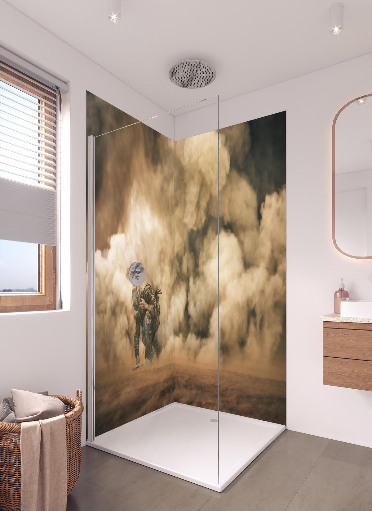 Duschrückwand - Militärsoldat in hellem Badezimmer mit Regenduschkopf - zweiteilige Eck-Duschrückwand