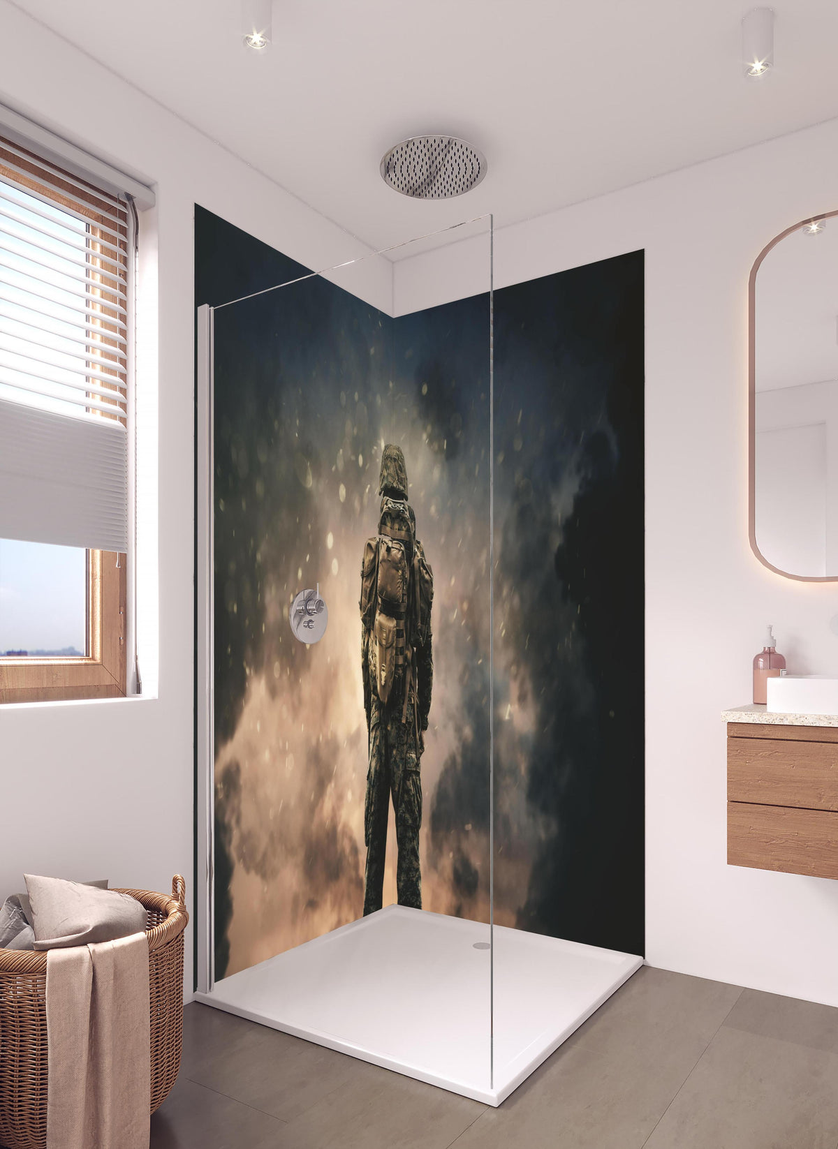 Duschrückwand - Militärsoldat zwischen Rauch und Staub in hellem Badezimmer mit Regenduschkopf - zweiteilige Eck-Duschrückwand