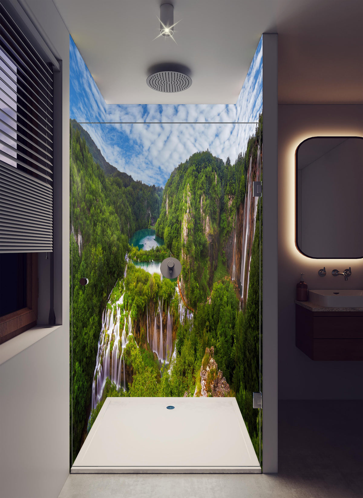 Duschrückwand - Multi-Wasserfall - Landschaft in luxuriöser Dusche mit Regenduschkopf