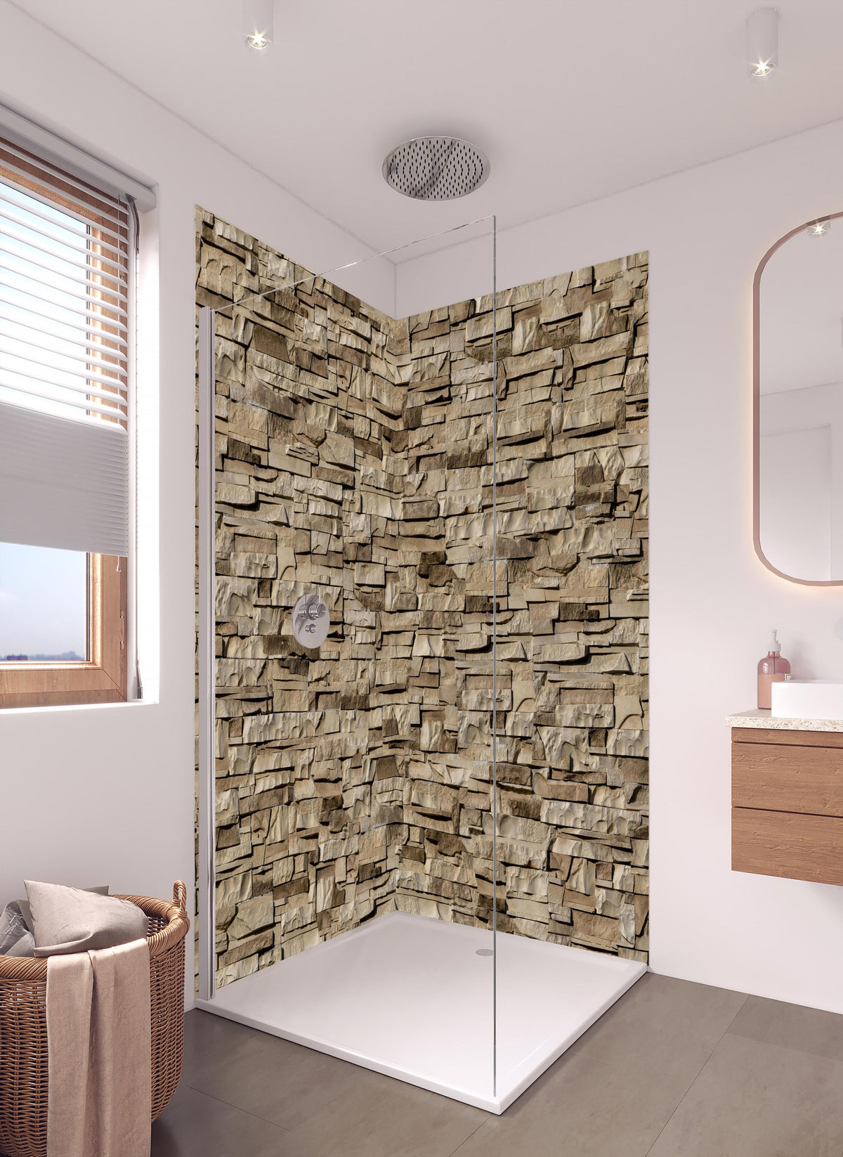 Duschrückwand - Nahtlose Textur von Klinkerfliesen - Dunkel in hellem Badezimmer mit Regenduschkopf - zweiteilige Eck-Duschrückwand