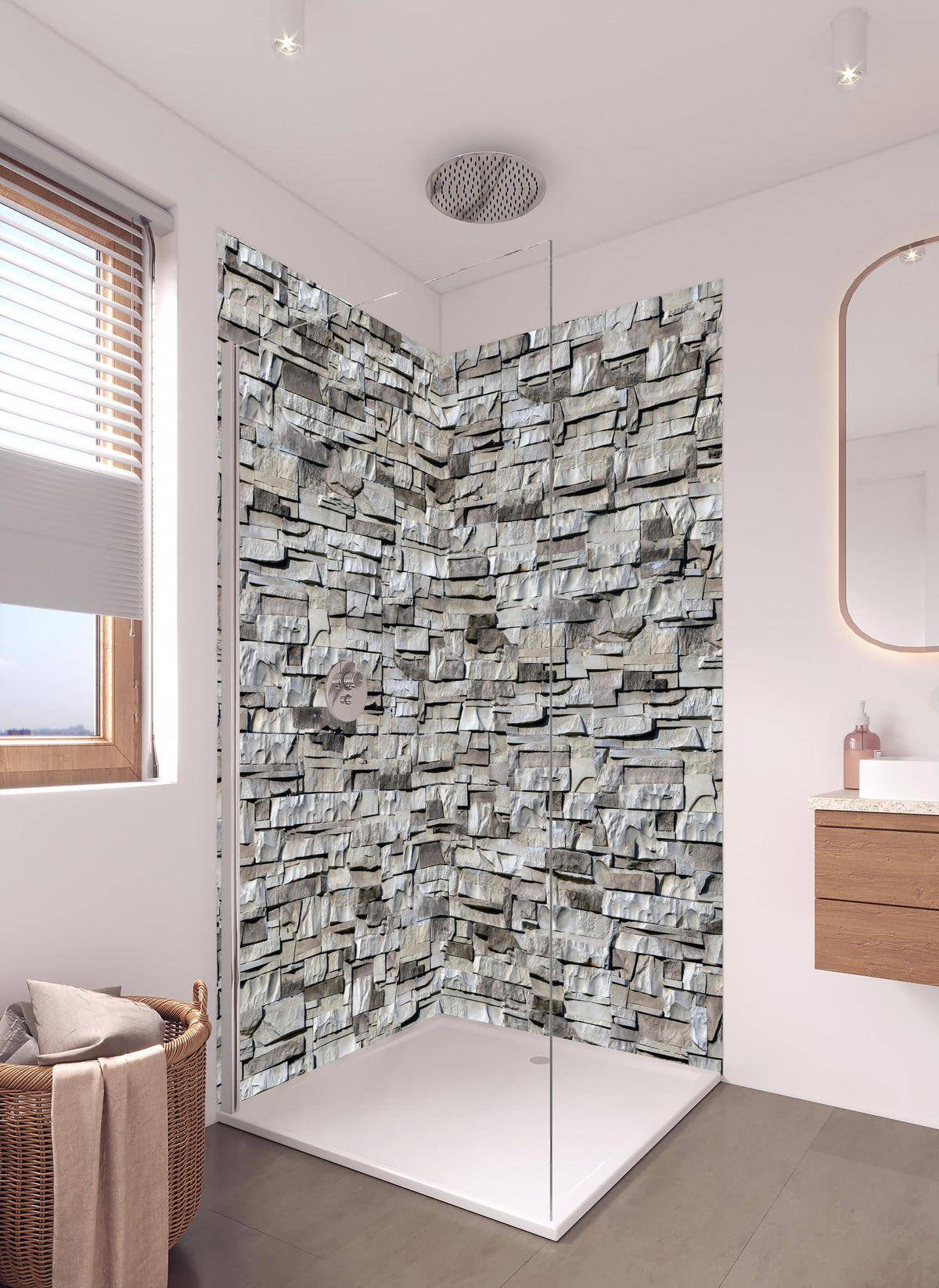 Duschrückwand - Nahtlose Textur von Klinkerfliesen in hellem Badezimmer mit Regenduschkopf - zweiteilige Eck-Duschrückwand
