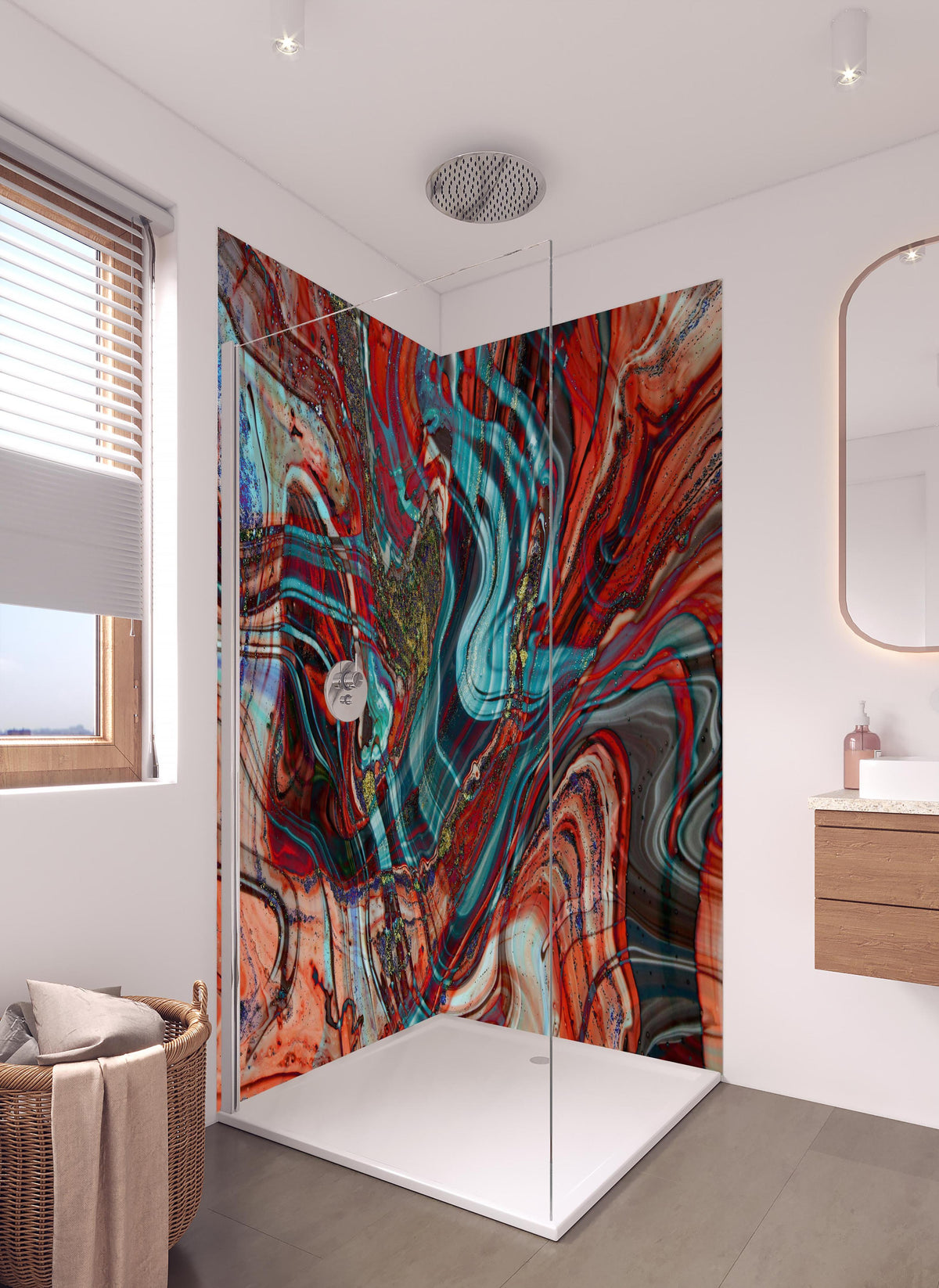 Duschrückwand - Natürlicher Luxus Marmor in hellem Badezimmer mit Regenduschkopf - zweiteilige Eck-Duschrückwand