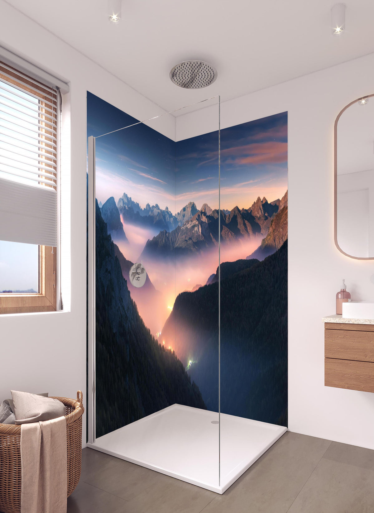 Duschrückwand - Nebliger Blick auf Dolomiten in hellem Badezimmer mit Regenduschkopf - zweiteilige Eck-Duschrückwand