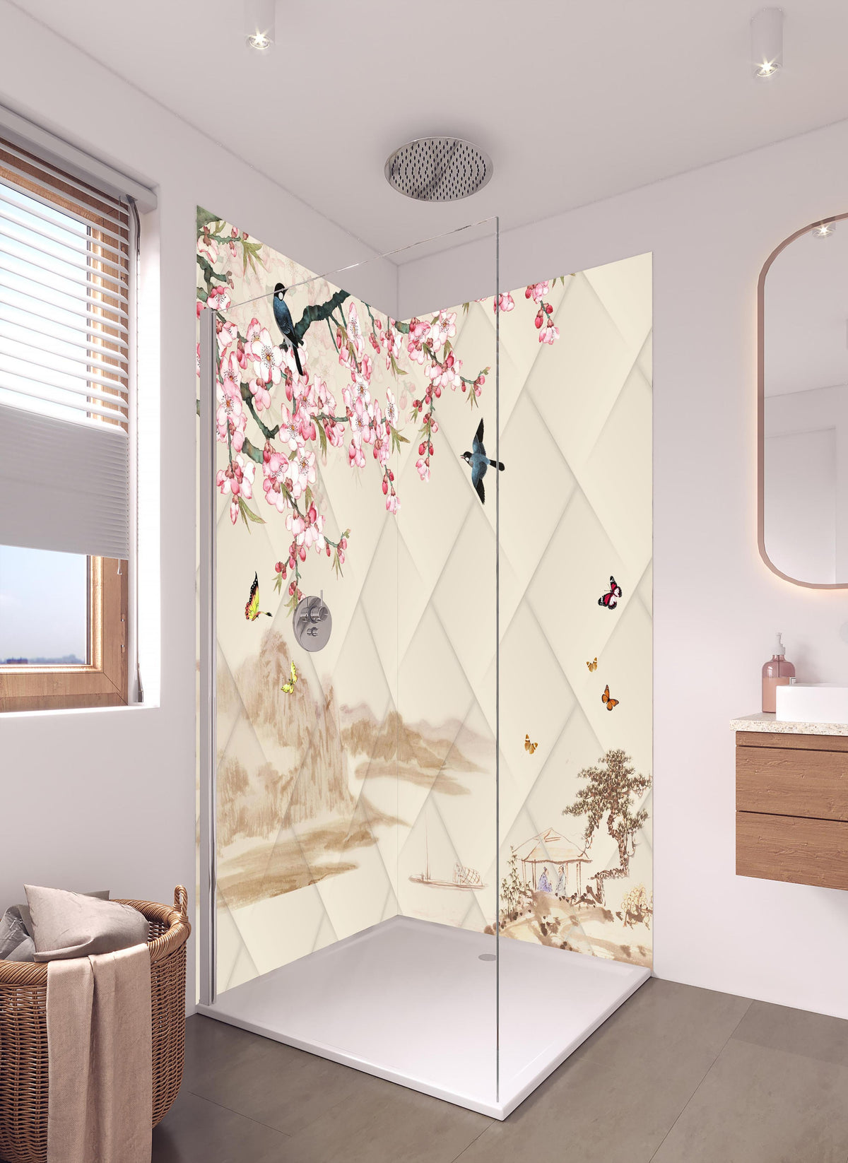 Duschrückwand - Orientalisches Motiv - Frühling in hellem Badezimmer mit Regenduschkopf - zweiteilige Eck-Duschrückwand