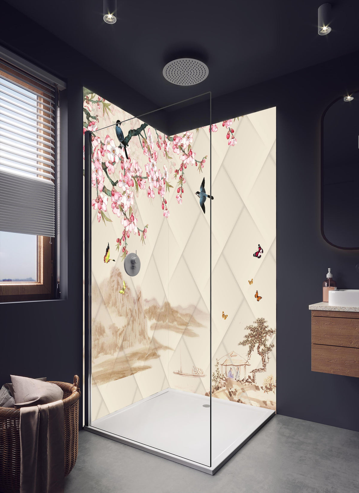 Duschrückwand - Orientalisches Motiv - Frühling in dunklem Badezimmer mit Regenduschkopf