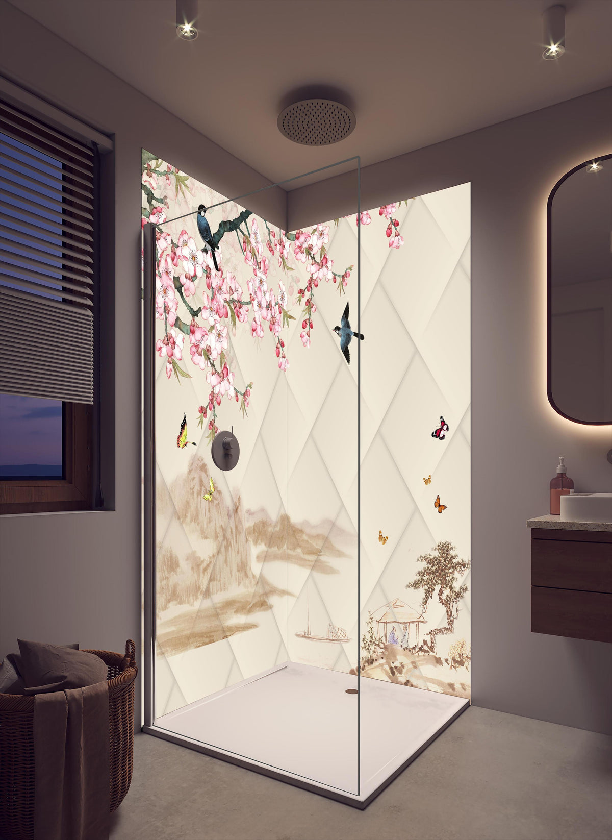 Duschrückwand - Orientalisches Motiv - Frühling in cremefarbenem Badezimmer mit Regenduschkopf