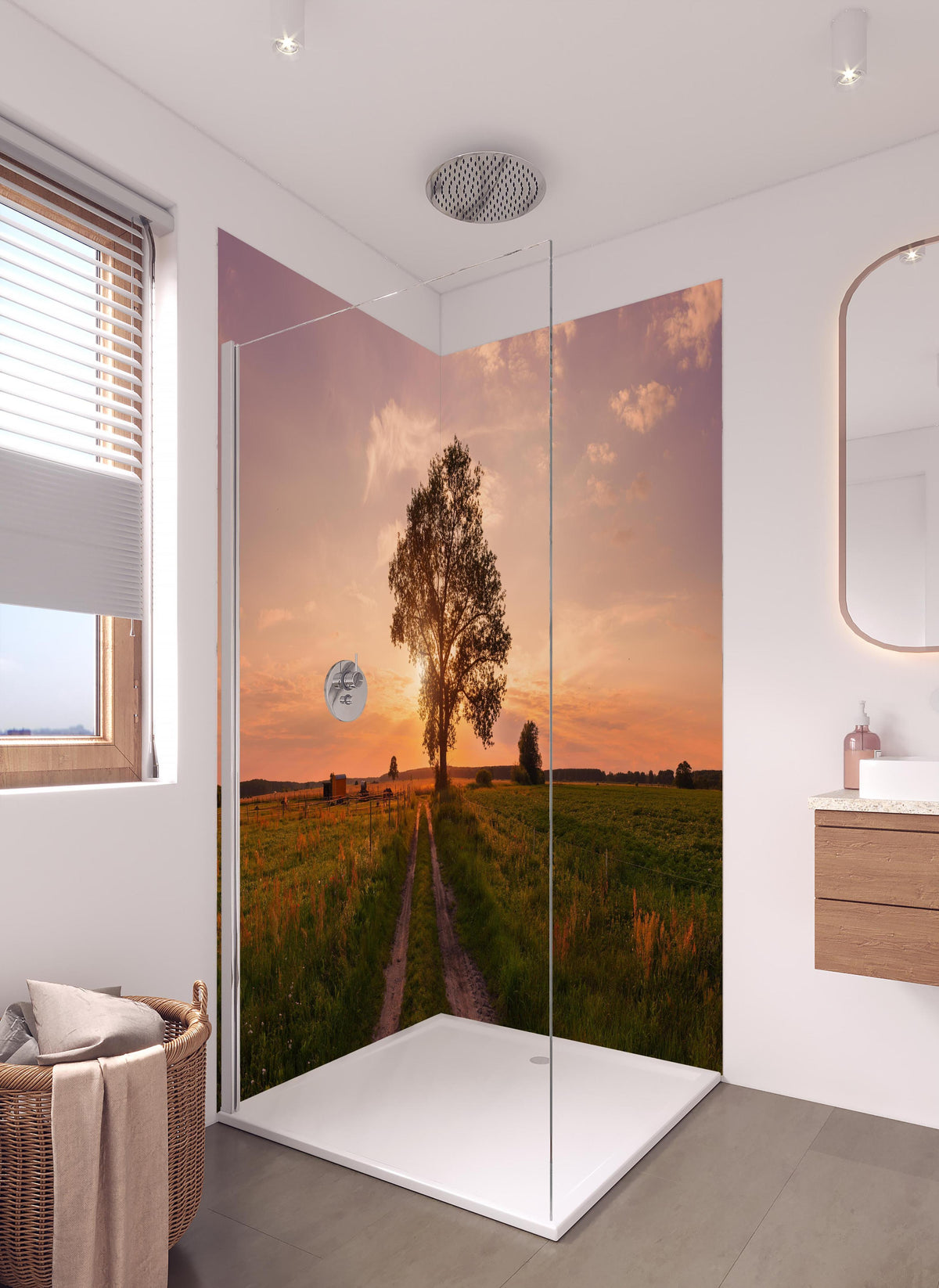 Duschrückwand - Panorama Landleben Feldweg in hellem Badezimmer mit Regenduschkopf - zweiteilige Eck-Duschrückwand