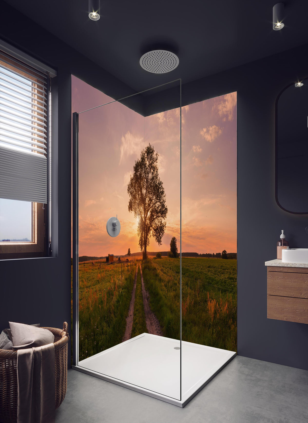Duschrückwand - Panorama Landleben Feldweg in dunklem Badezimmer mit Regenduschkopf