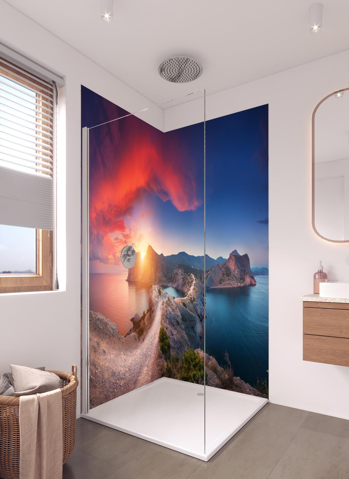 Duschrückwand - Panoramalandschaft mit Bergen in hellem Badezimmer mit Regenduschkopf - zweiteilige Eck-Duschrückwand
