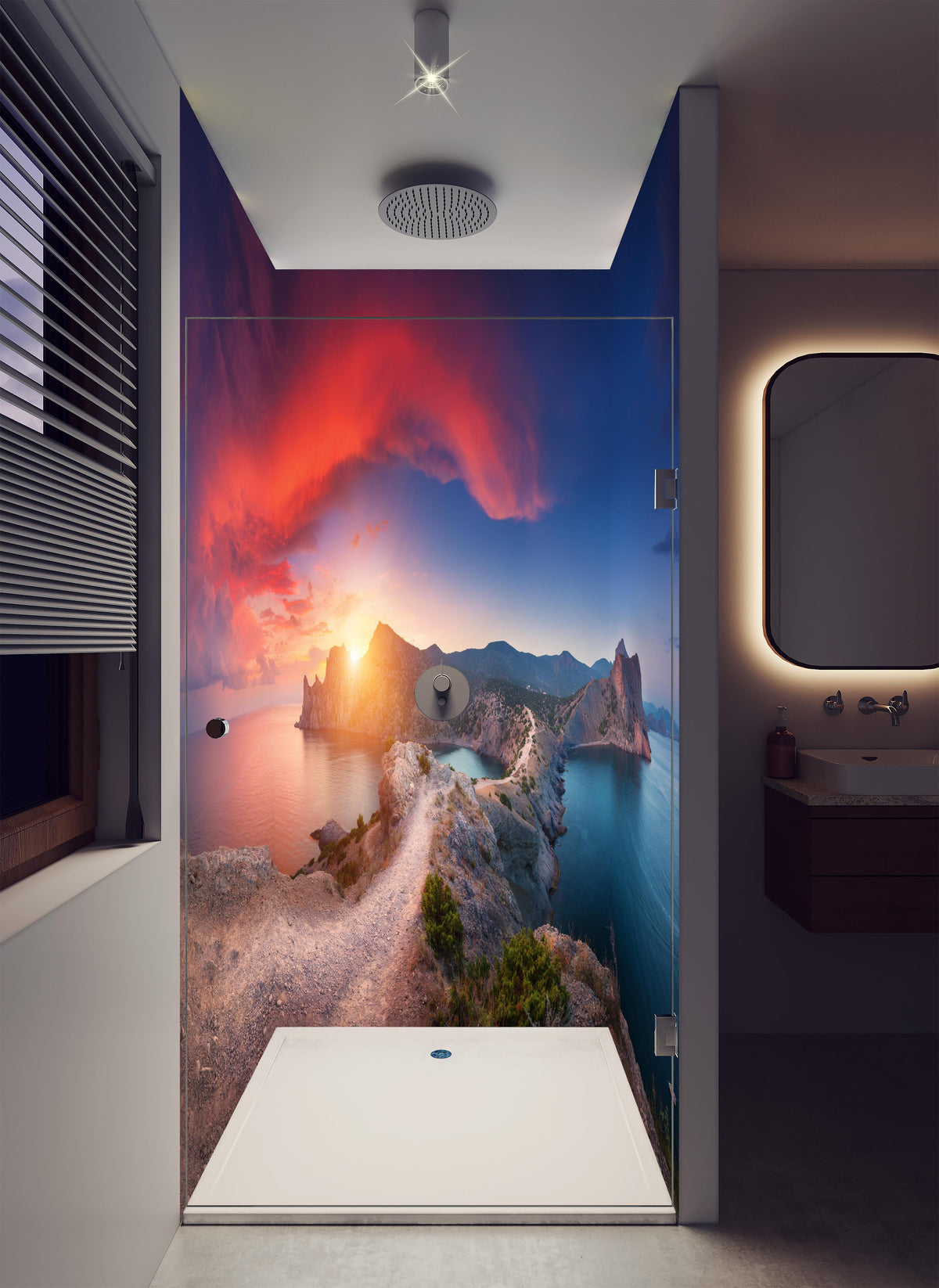 Duschrückwand - Panoramalandschaft mit Bergen in luxuriöser Dusche mit Regenduschkopf