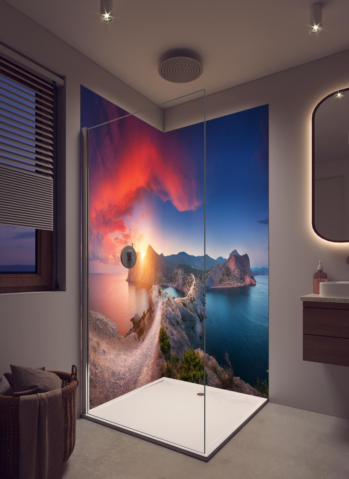 Duschrückwand - Panoramalandschaft mit Bergen in cremefarbenem Badezimmer mit Regenduschkopf