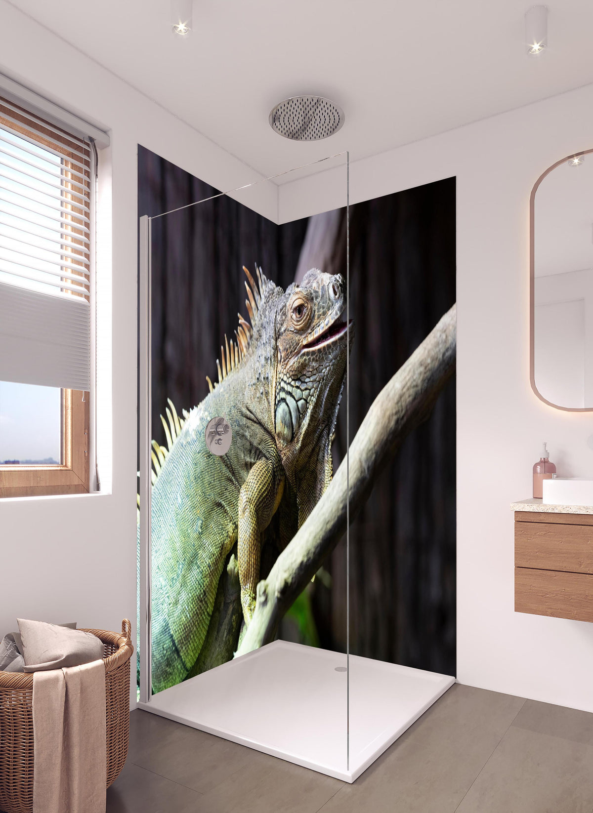 Duschrückwand - Ruhender Leguan in hellem Badezimmer mit Regenduschkopf - zweiteilige Eck-Duschrückwand