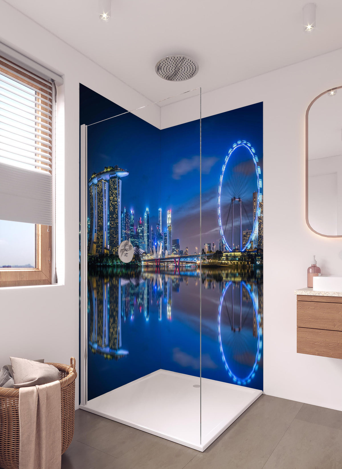 Duschrückwand - Skyline von Singapur und Blick auf den Wolkenkratzer in hellem Badezimmer mit Regenduschkopf - zweiteilige Eck-Duschrückwand
