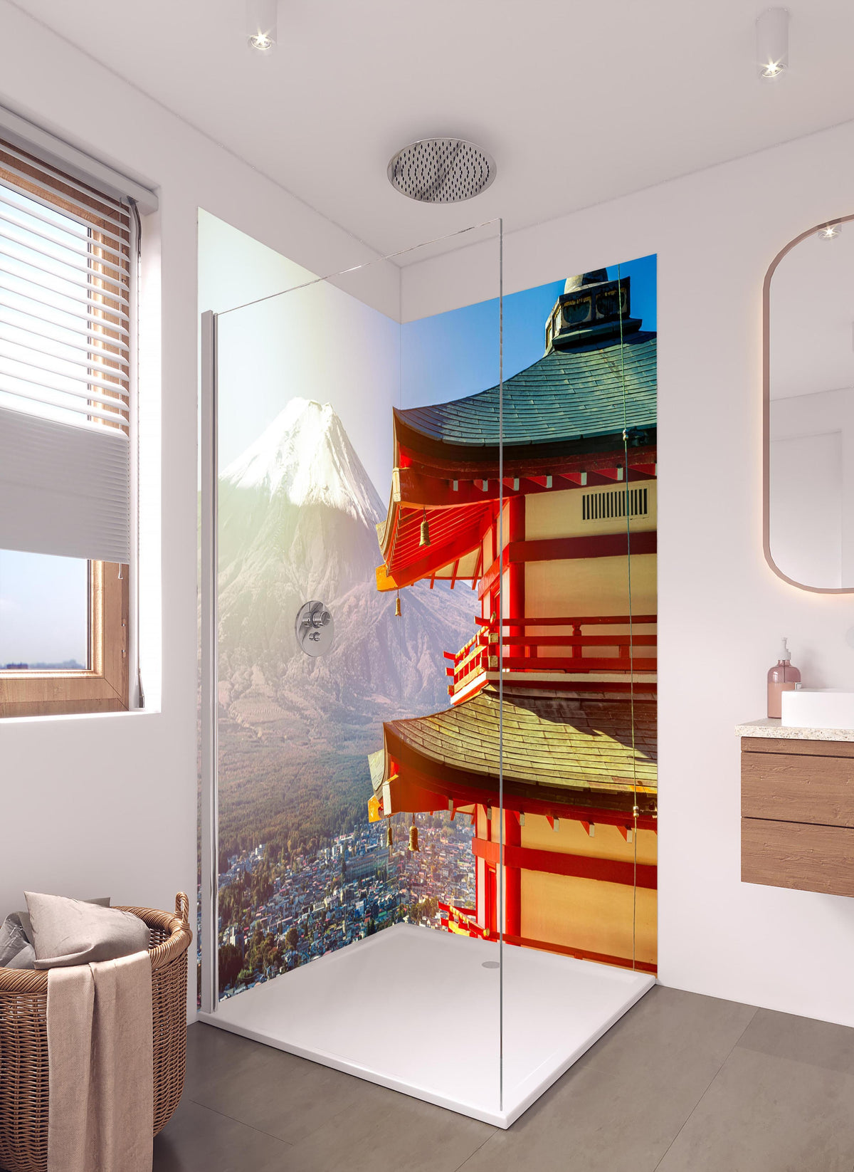 Duschrückwand - Sonnenaufgang des Berges Fuji und rote Pagode in hellem Badezimmer mit Regenduschkopf - zweiteilige Eck-Duschrückwand
