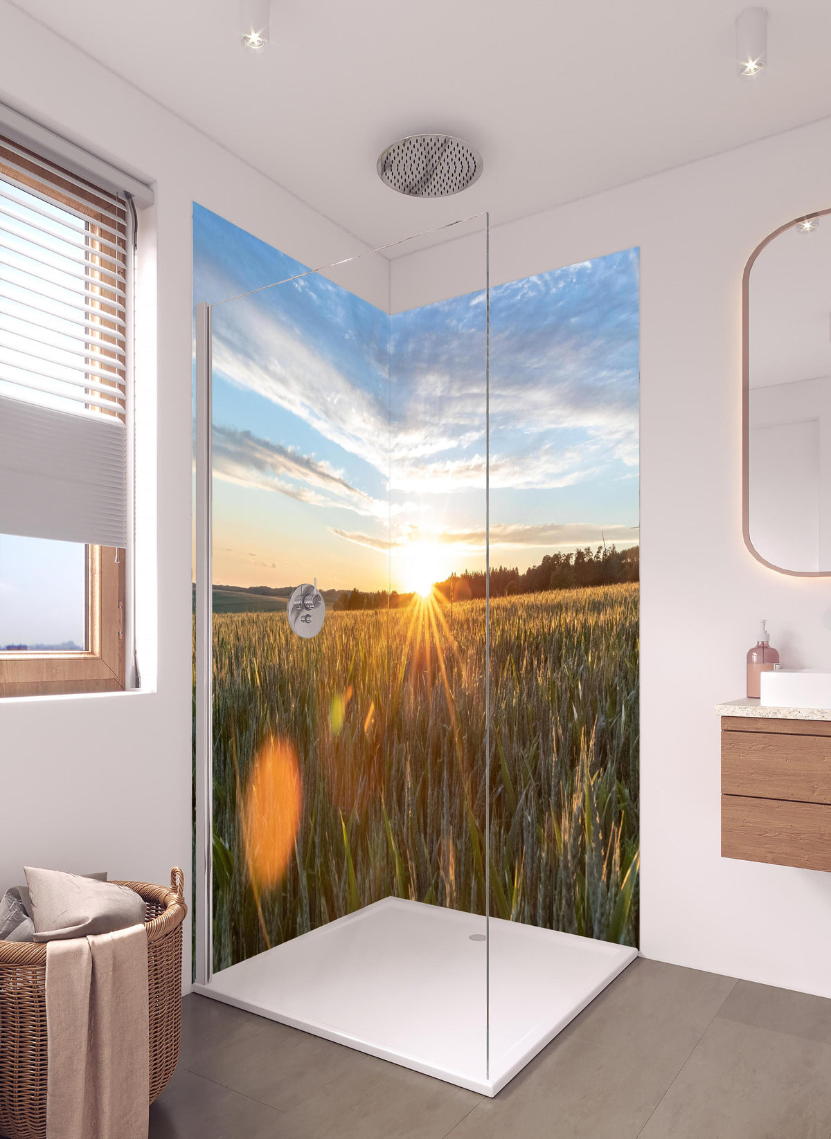 Duschrückwand - Sonnenuntergang über einem Kornfeld in hellem Badezimmer mit Regenduschkopf - zweiteilige Eck-Duschrückwand