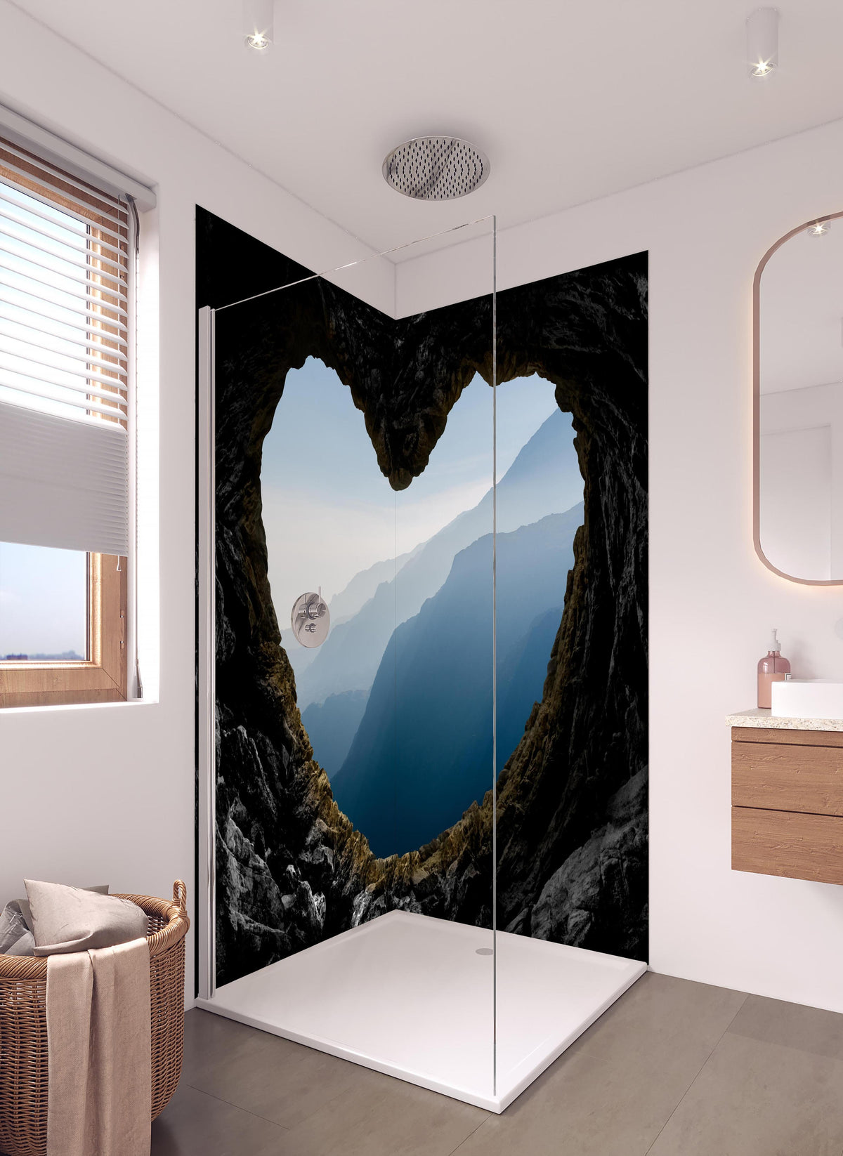 Duschrückwand - Spektakuläre und mystische Gebirgsschicht in hellem Badezimmer mit Regenduschkopf - zweiteilige Eck-Duschrückwand