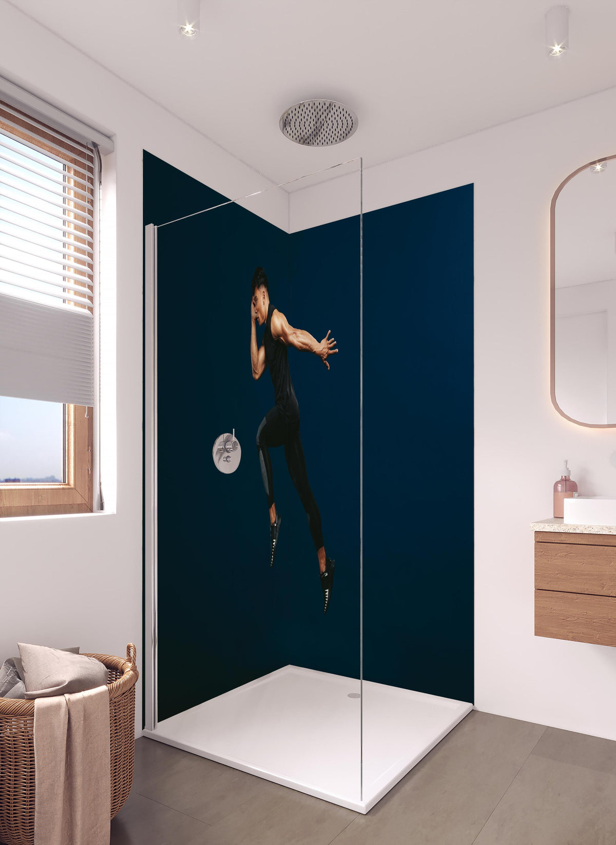 Duschrückwand - Sportler bei einem Sprung in hellem Badezimmer mit Regenduschkopf - zweiteilige Eck-Duschrückwand