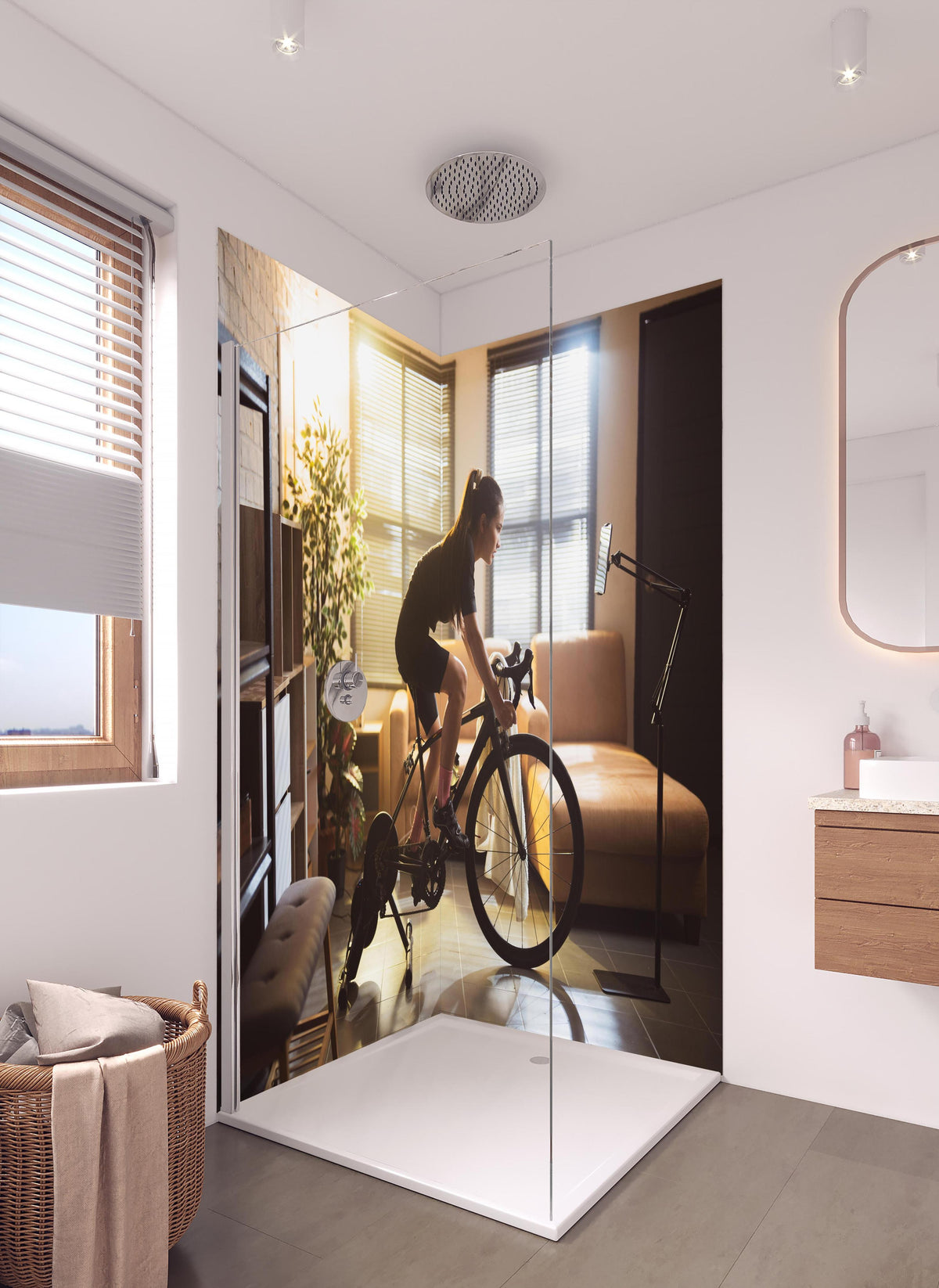 Duschrückwand - Sportliche Radfahrerin in hellem Badezimmer mit Regenduschkopf - zweiteilige Eck-Duschrückwand