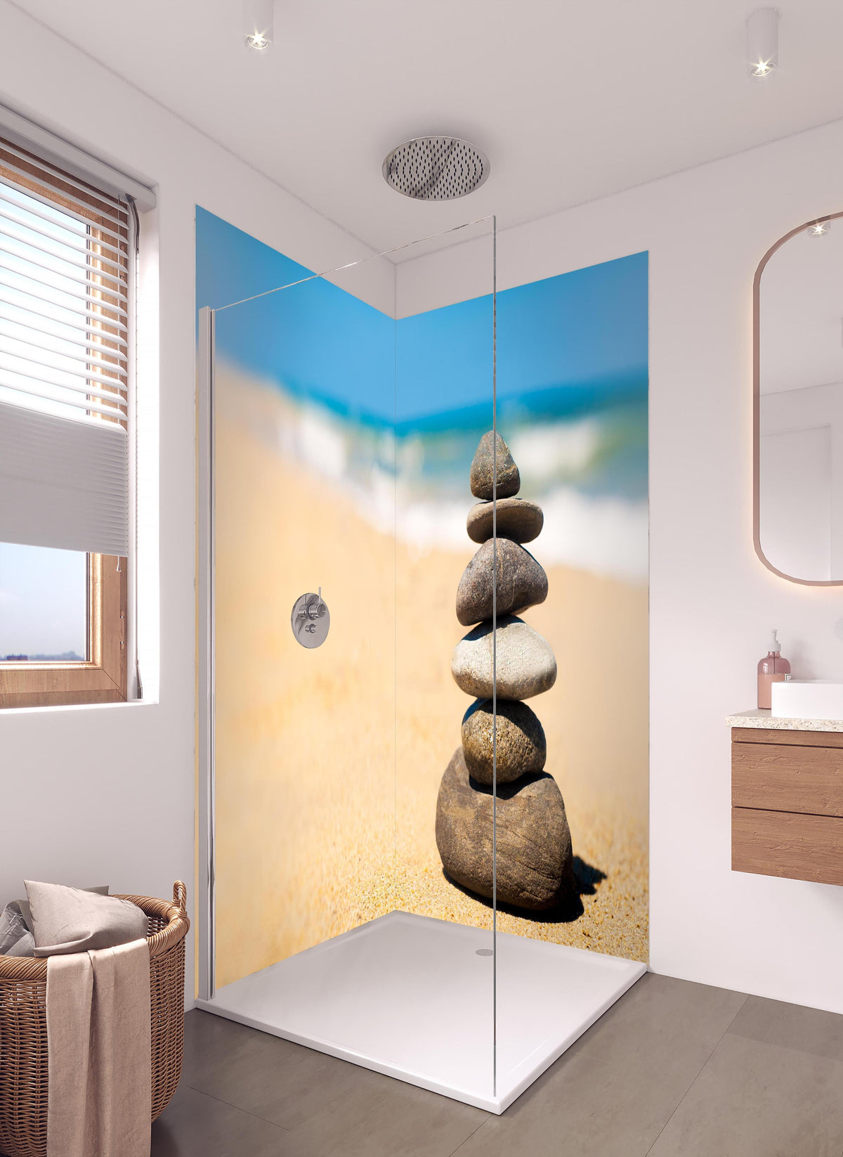 Duschrückwand - Steine Meditation Balance in hellem Badezimmer mit Regenduschkopf - zweiteilige Eck-Duschrückwand