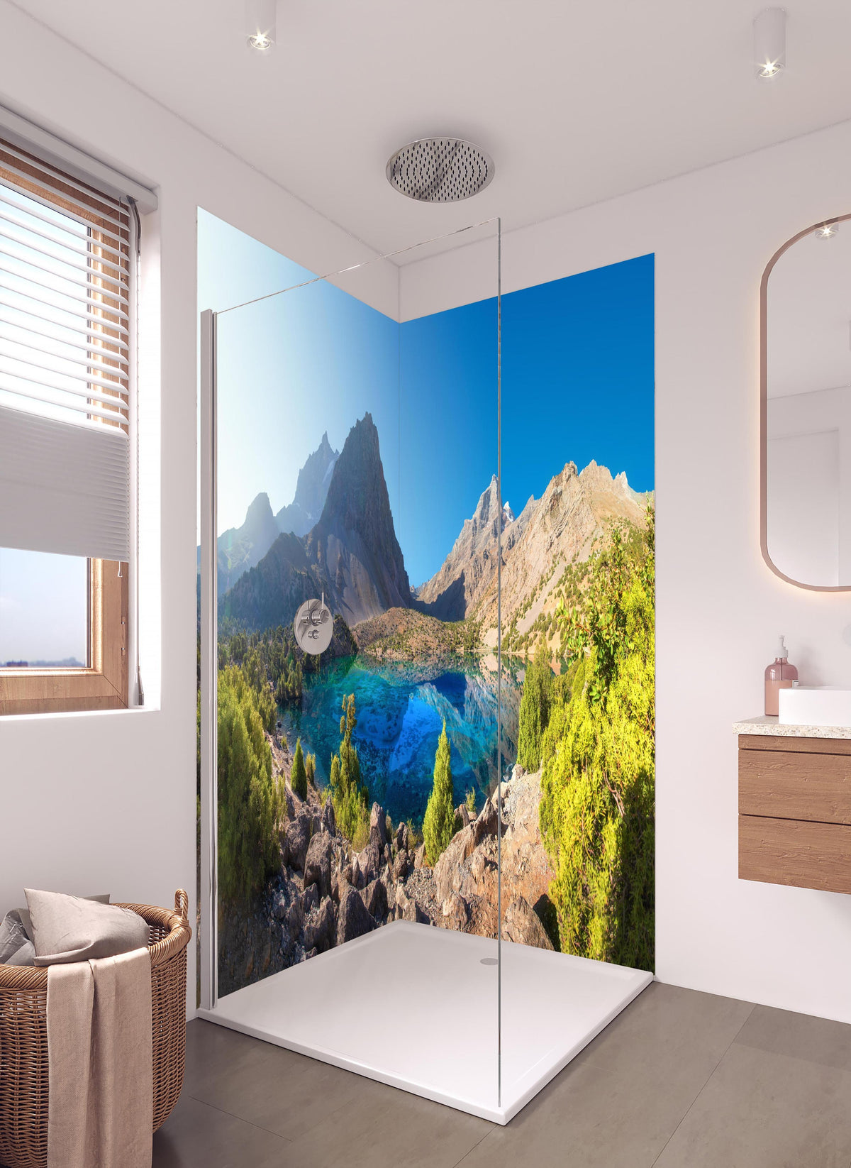 Duschrückwand - Tadschikistan See in hellem Badezimmer mit Regenduschkopf - zweiteilige Eck-Duschrückwand