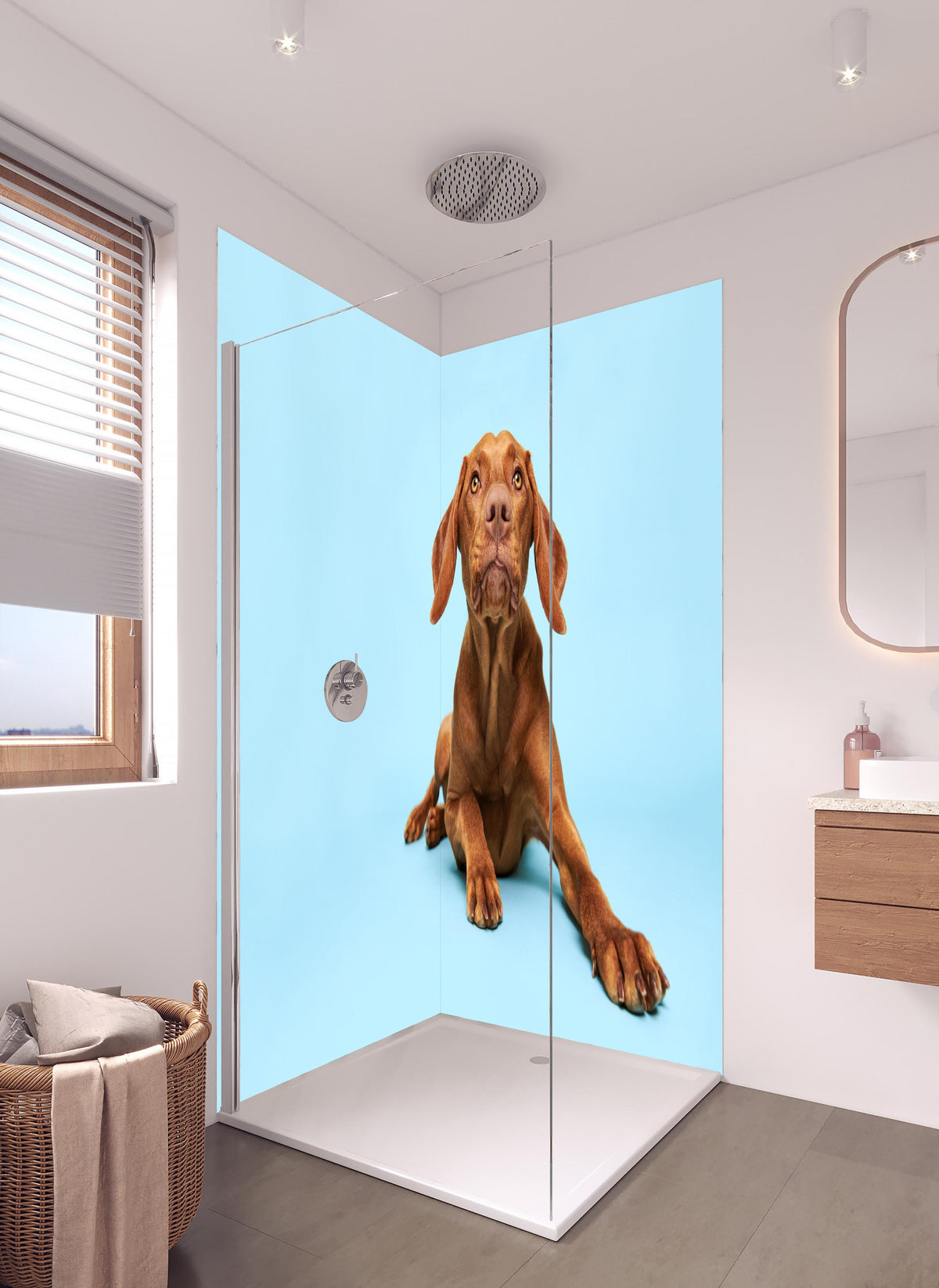 Duschrückwand - Ungarischer Vizsla-Welpe Portrait in hellem Badezimmer mit Regenduschkopf - zweiteilige Eck-Duschrückwand