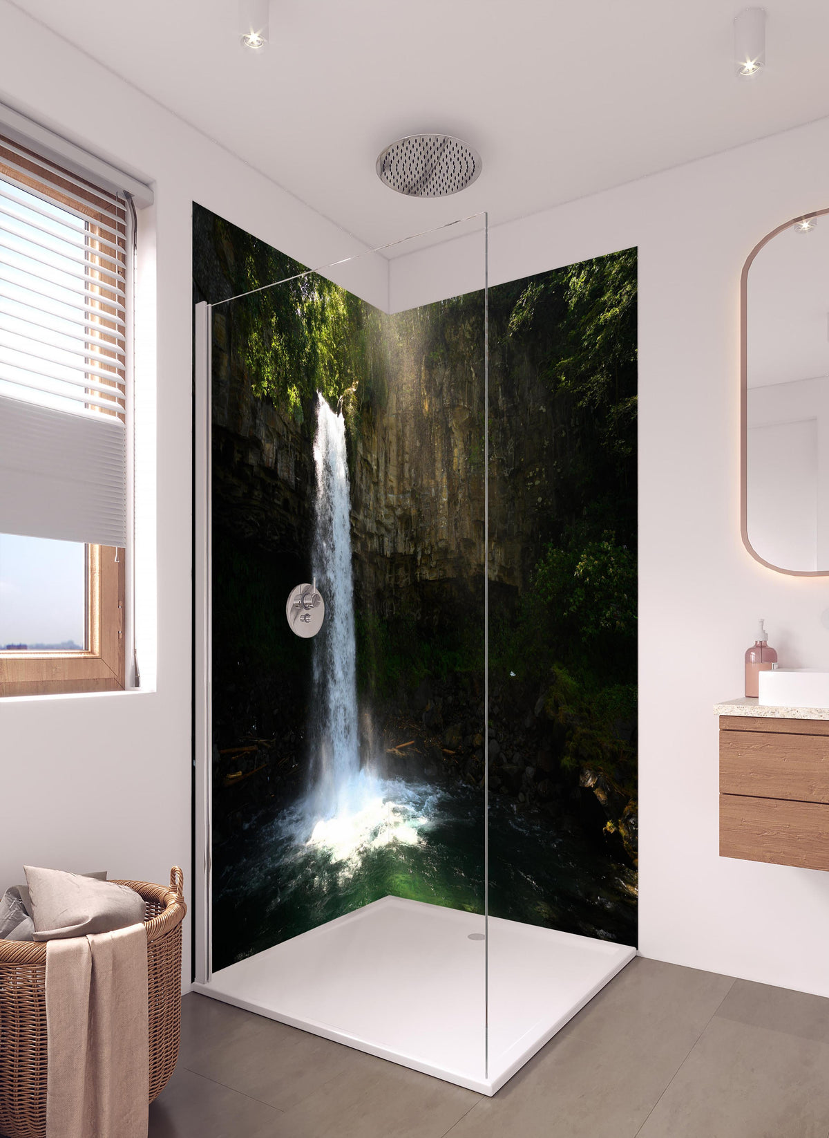 Duschrückwand - Wancheng - Wasserfall in hellem Badezimmer mit Regenduschkopf - zweiteilige Eck-Duschrückwand