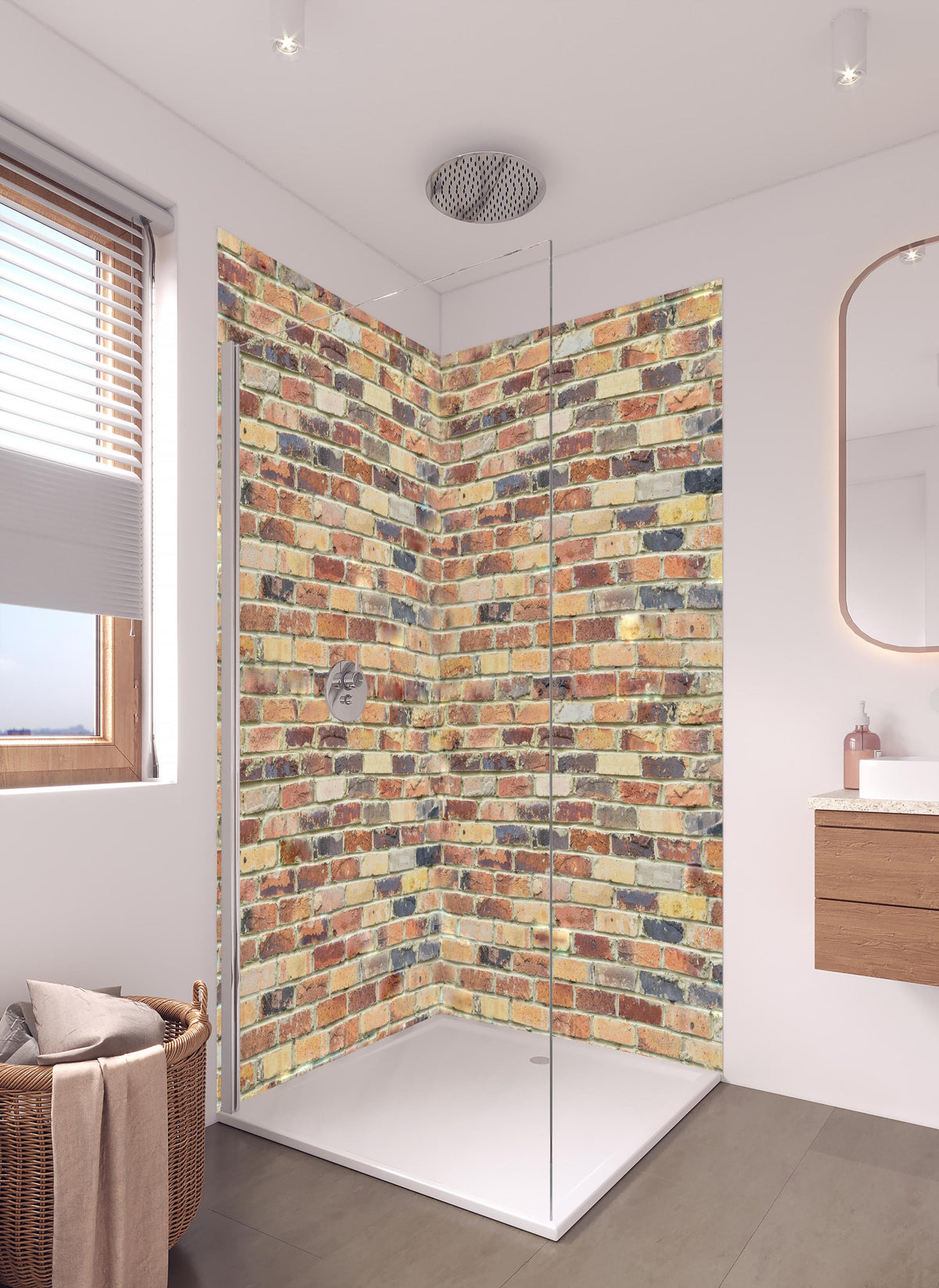 Duschrückwand - Wand aus farbigen Ziegeln in hellem Badezimmer mit Regenduschkopf - zweiteilige Eck-Duschrückwand