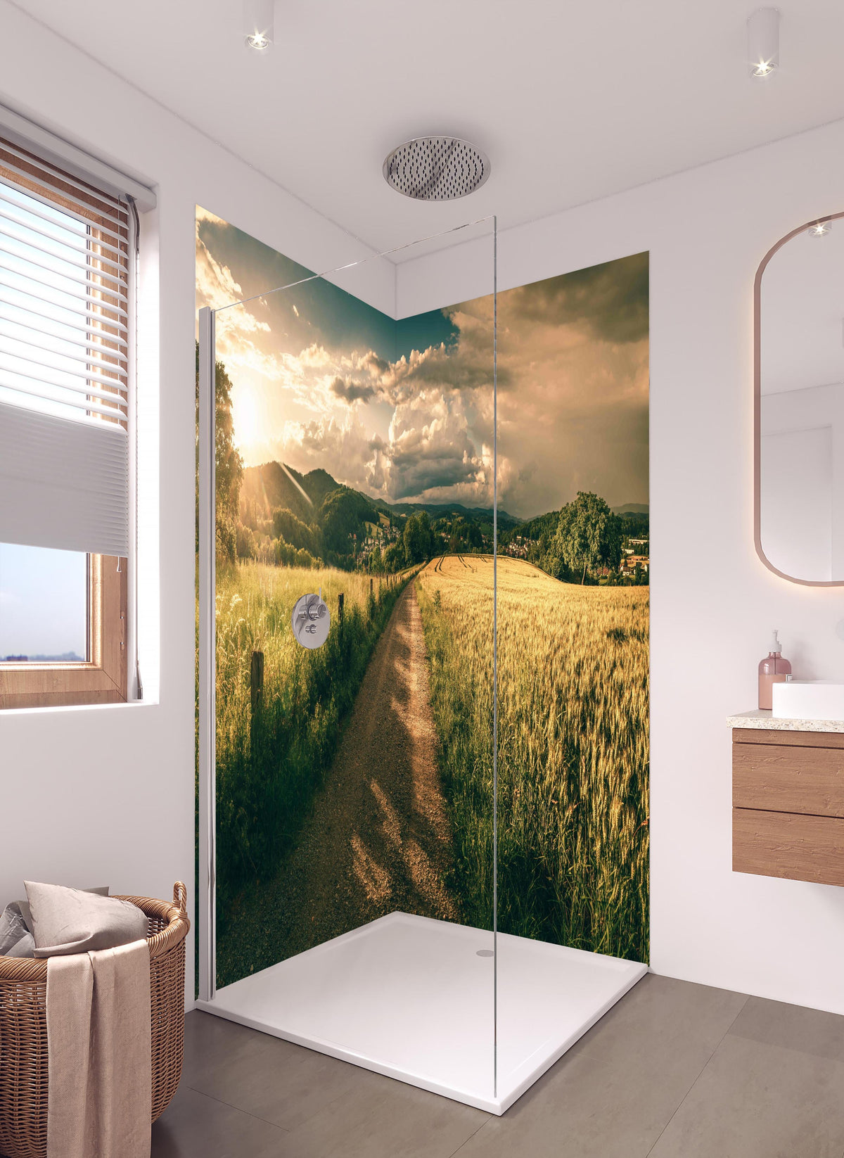 Duschrückwand - Wanderpfad in hellem Badezimmer mit Regenduschkopf - zweiteilige Eck-Duschrückwand